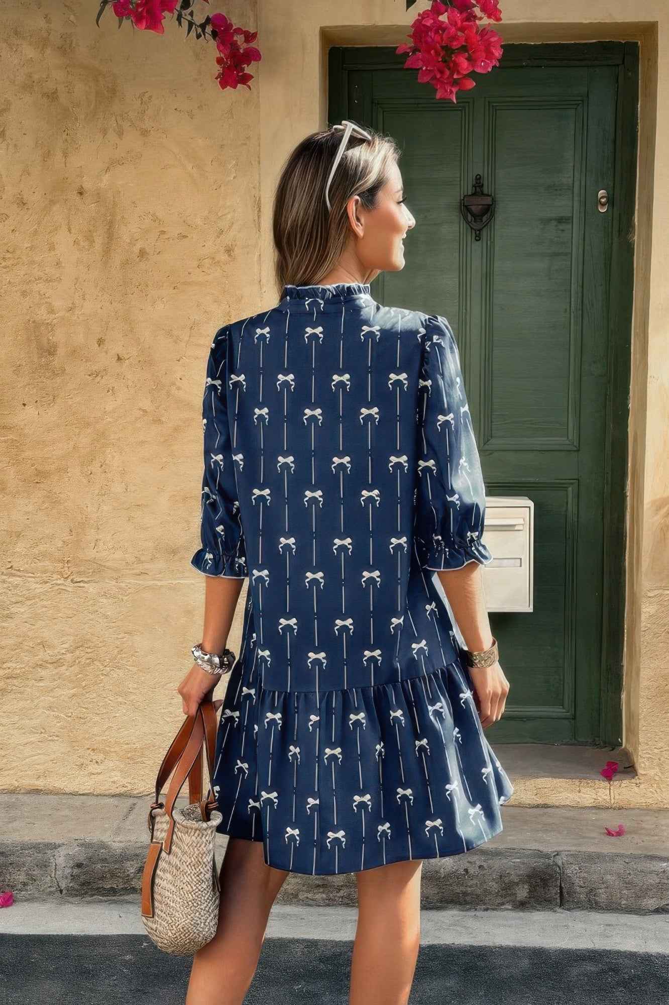 A Line Bow Ruffle V Neck Loose Fit Dress