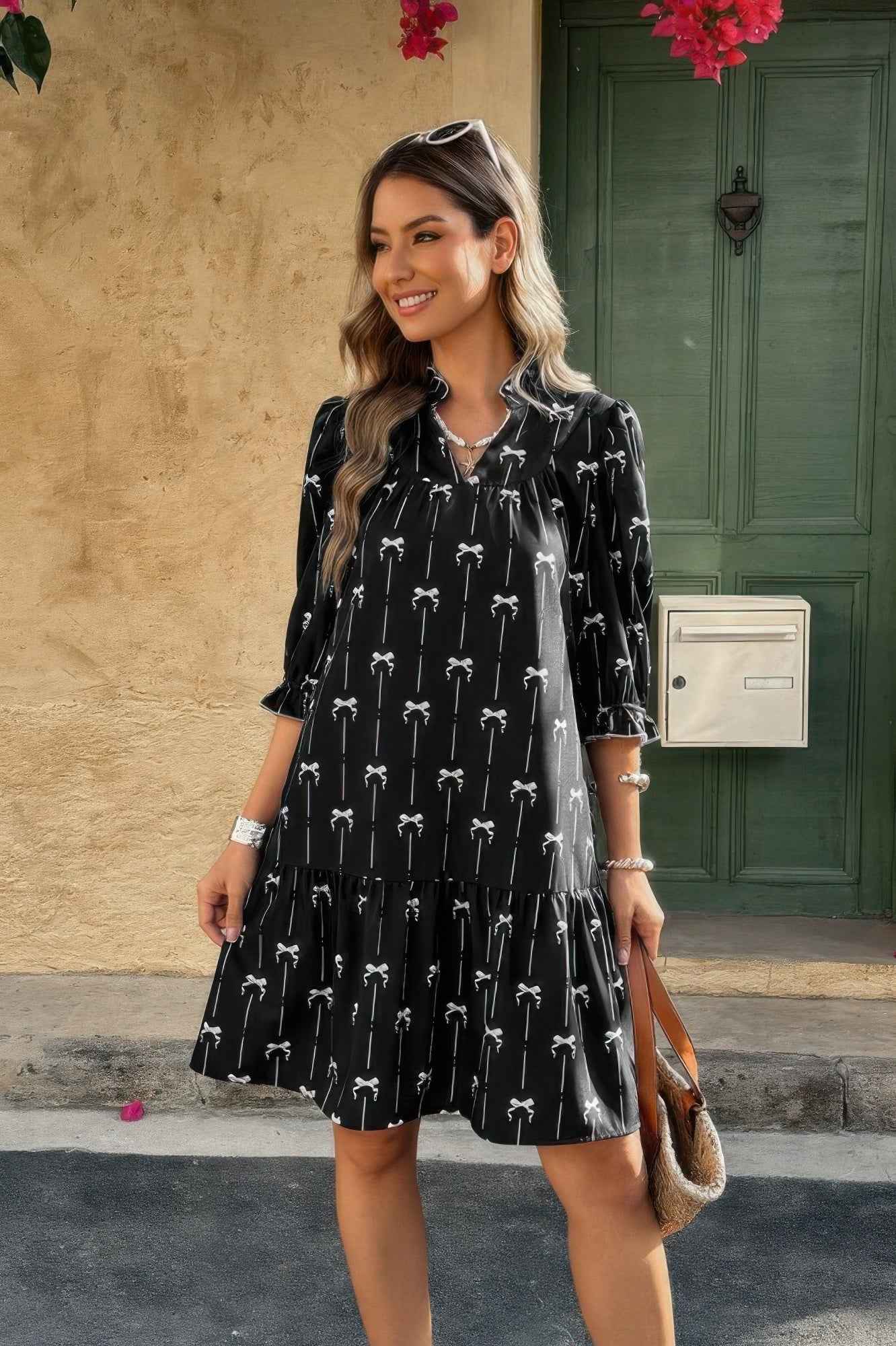 A Line Bow Ruffle V Neck Loose Fit Dress