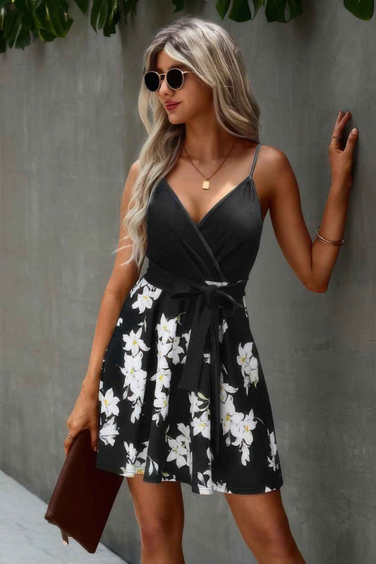 Floral V Neck Spaghetti Strap Belted Cami Dress