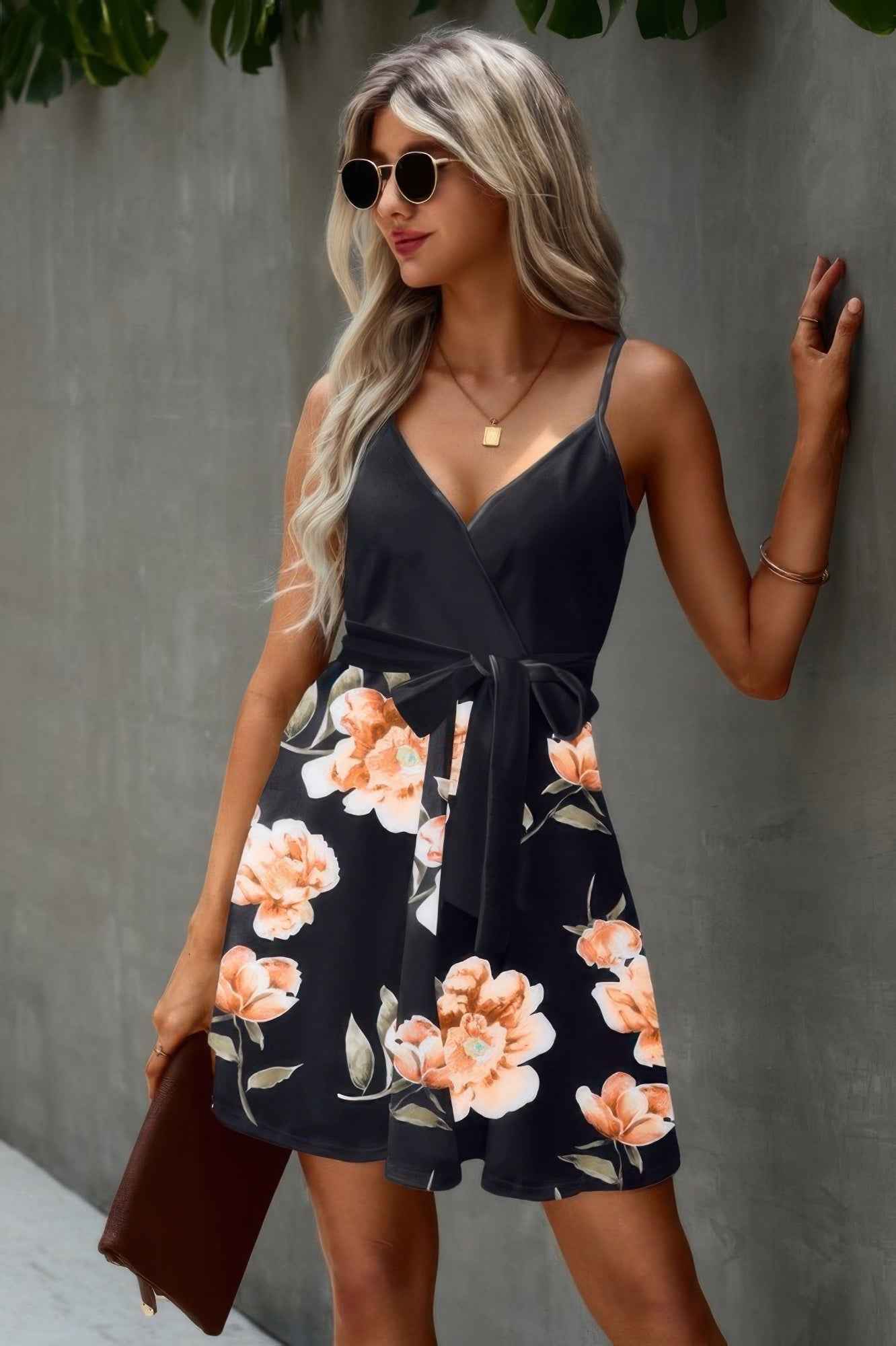 Floral V Neck Spaghetti Strap Belted Cami Dress