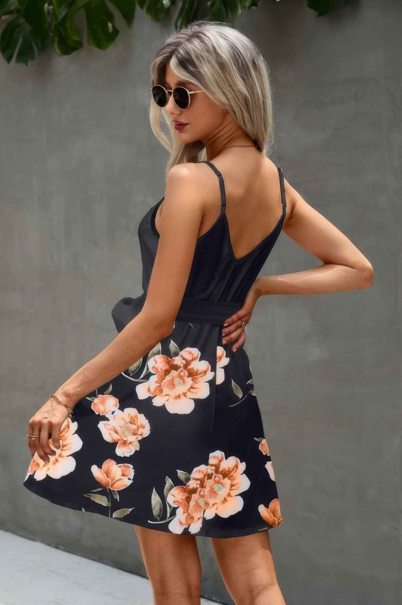 Floral V Neck Spaghetti Strap Belted Cami Dress