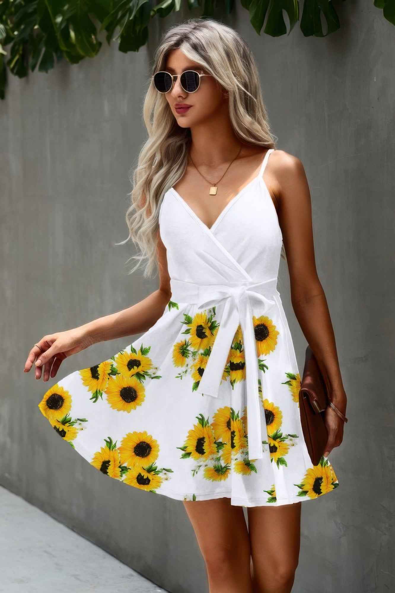 Floral V Neck Spaghetti Strap Belted Cami Dress