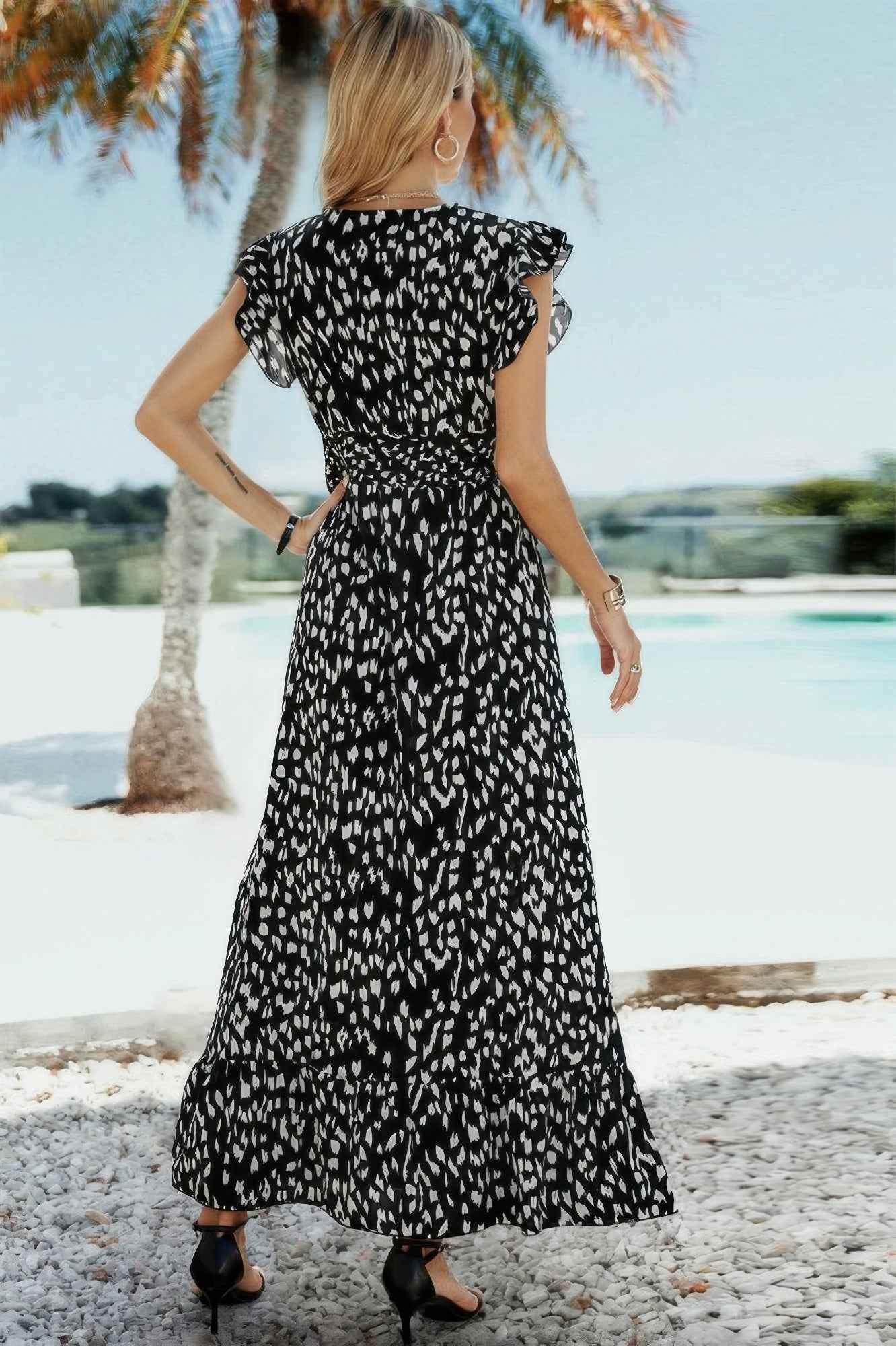 Boho V Neck Wrap Ruffled A Line Long Dress