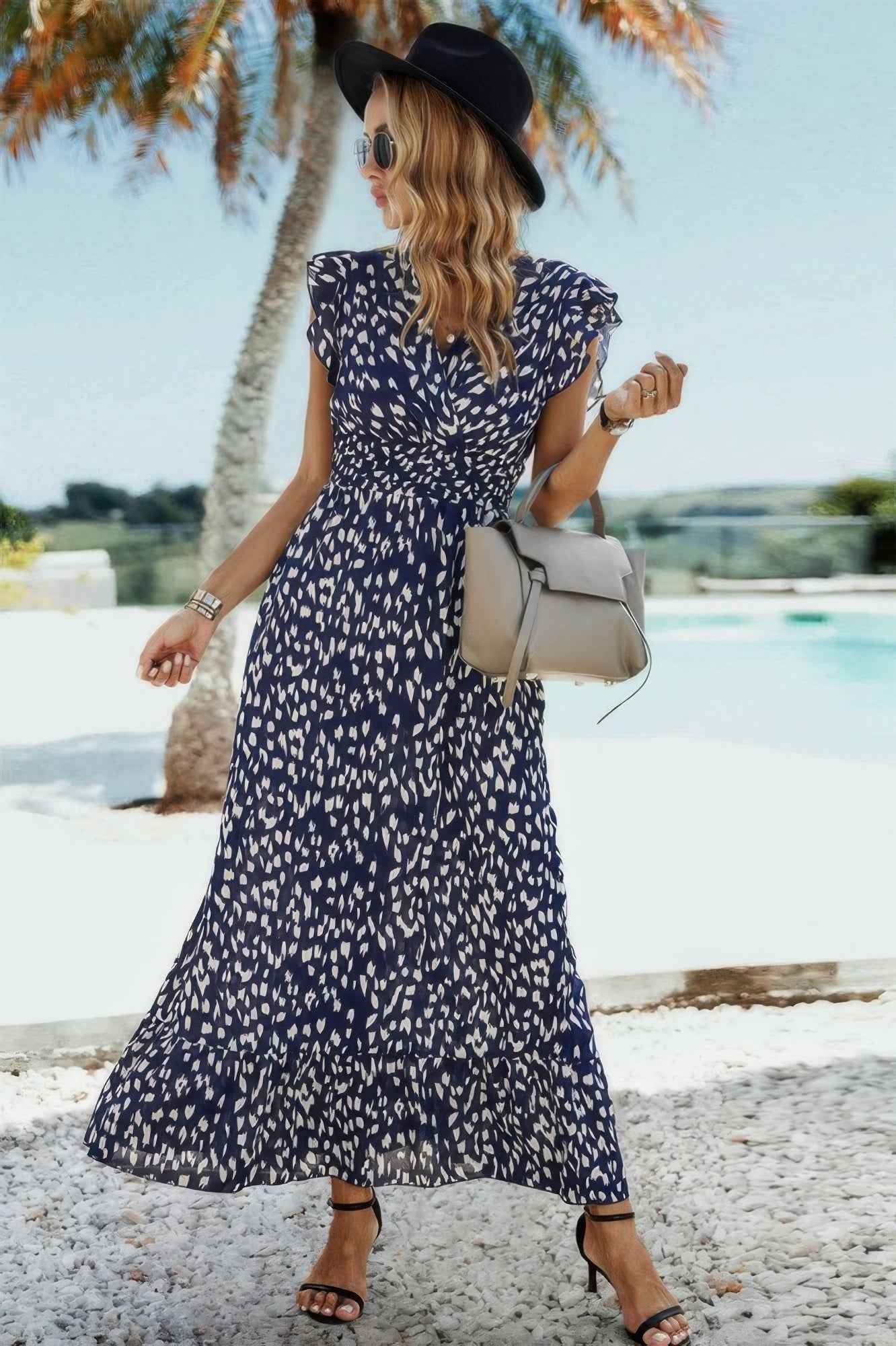 Boho V Neck Wrap Ruffled A Line Long Dress
