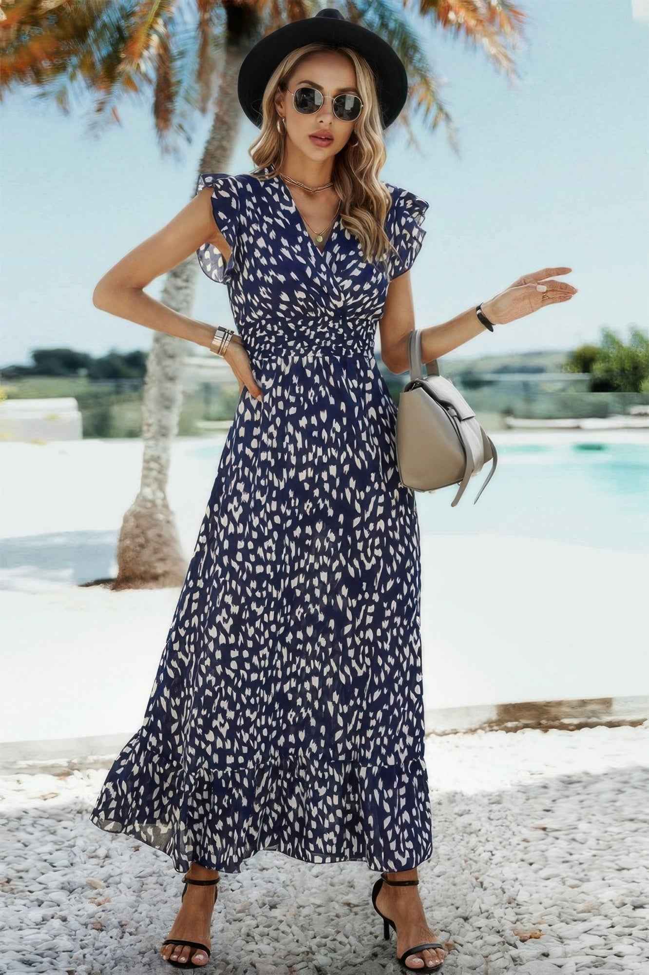 Boho V Neck Wrap Ruffled A Line Long Dress