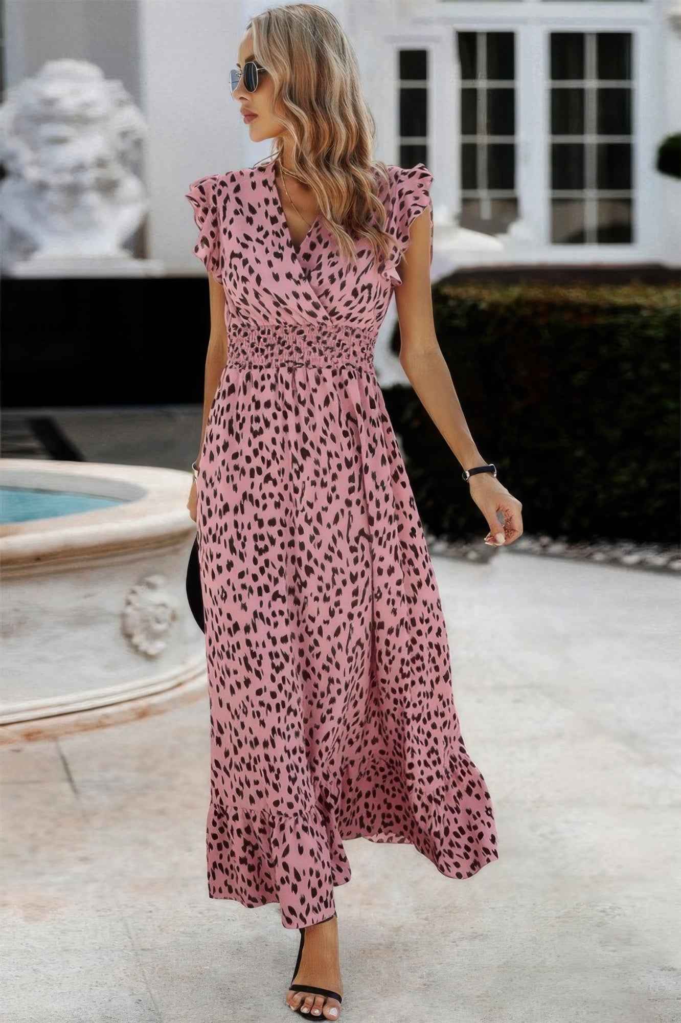 Boho V Neck Wrap Ruffled A Line Long Dress