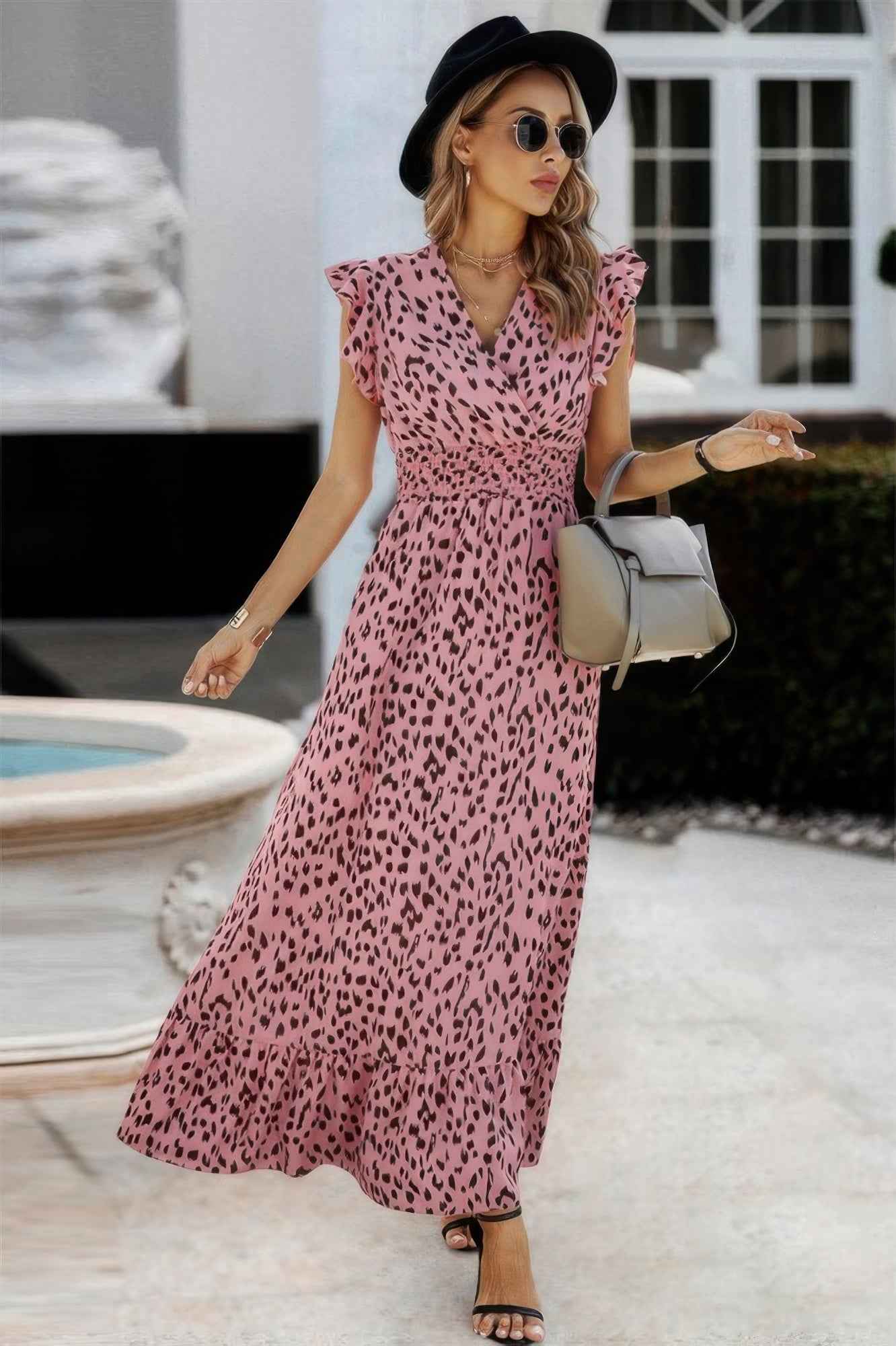 Boho V Neck Wrap Ruffled A Line Long Dress
