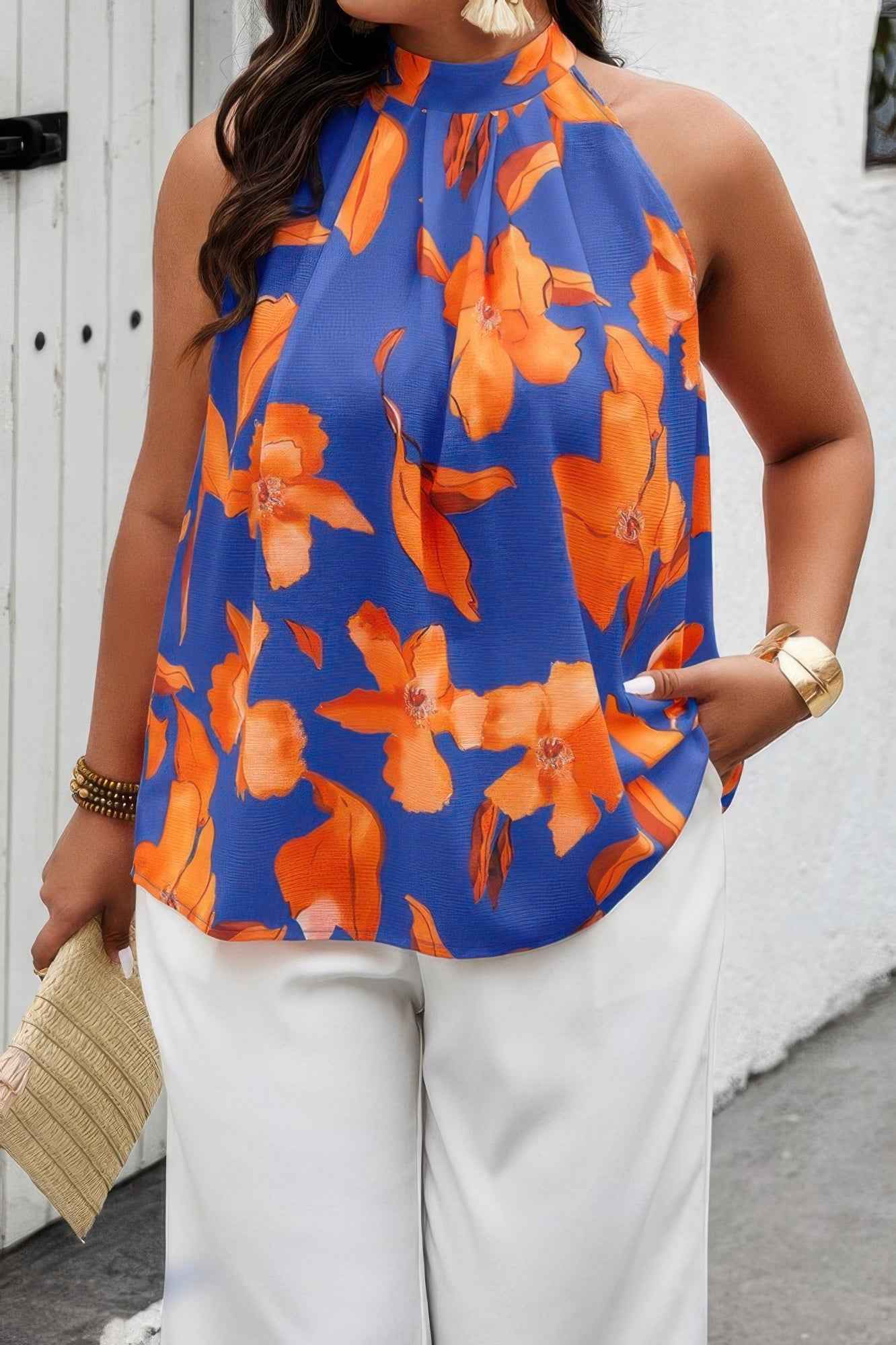 Plus Gingko Leaf Print Short Sleeve Halter Shirt