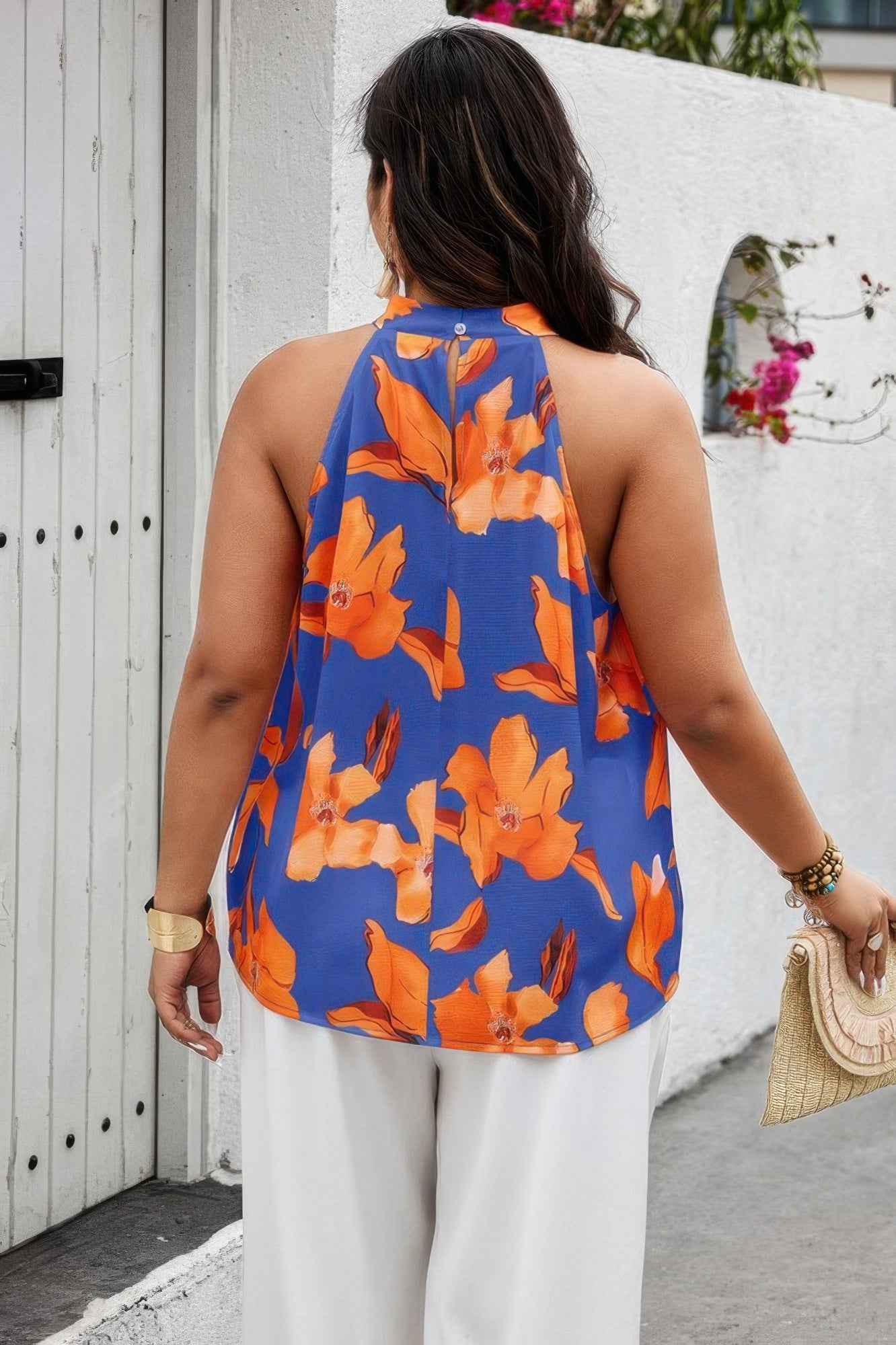 Plus Gingko Leaf Print Short Sleeve Halter Shirt