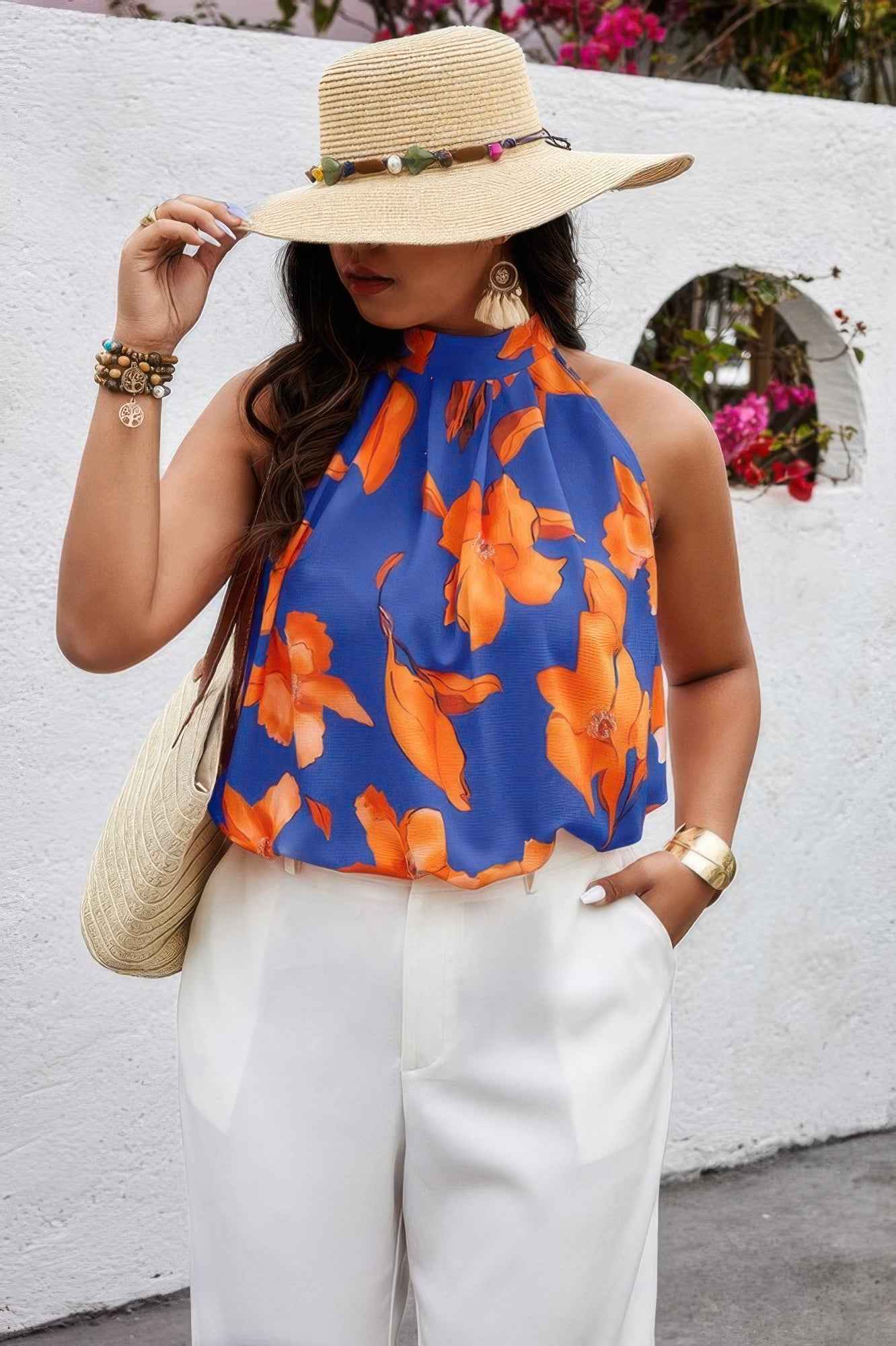 Plus Gingko Leaf Print Short Sleeve Halter Shirt