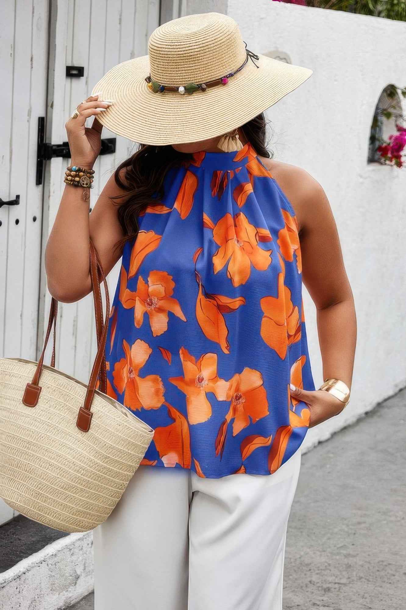 Plus Gingko Leaf Print Short Sleeve Halter Shirt