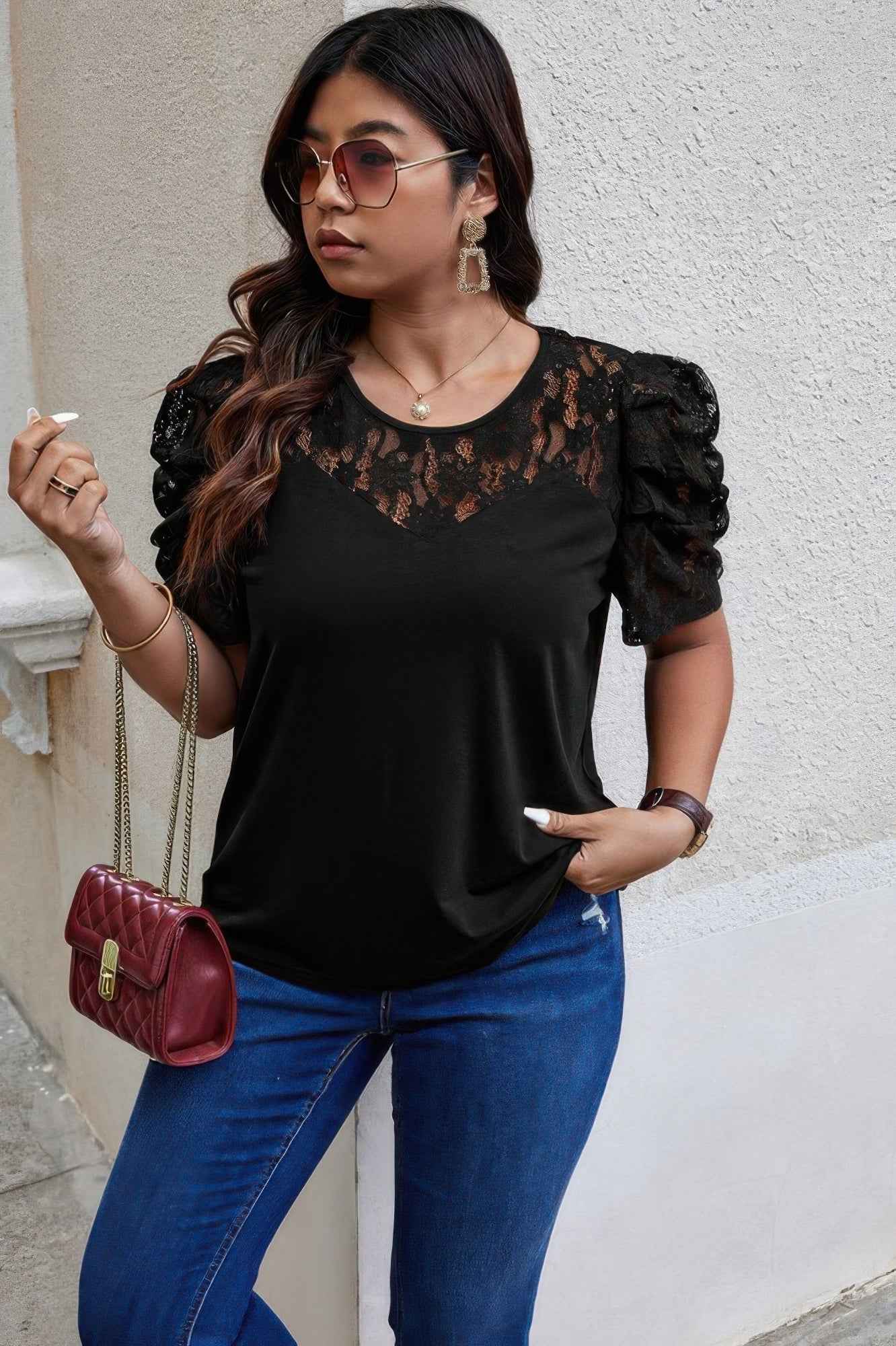 Solid Lace Ruffle Sleeve Hollow Out Elegant Shirt
