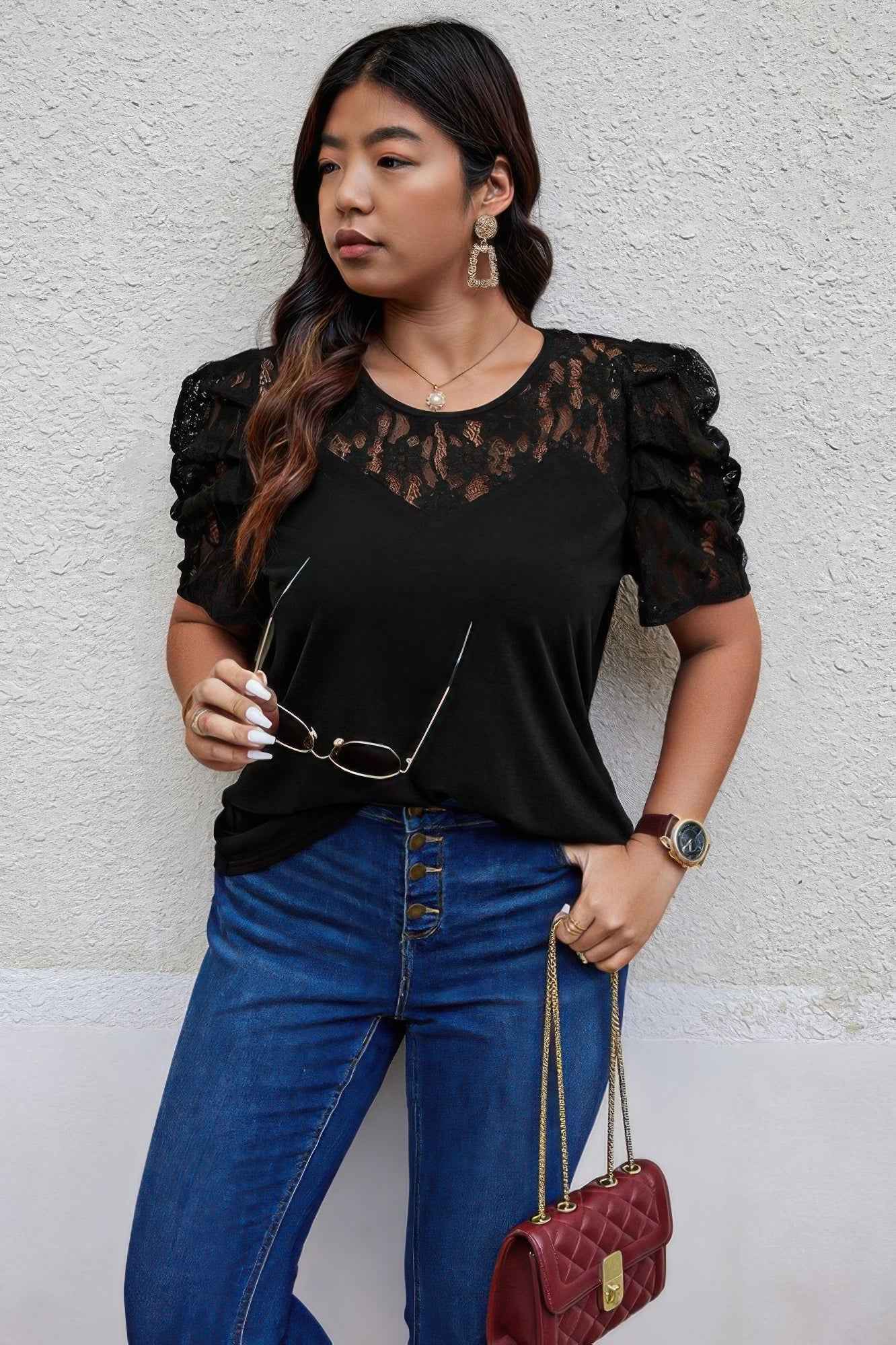Solid Lace Ruffle Sleeve Hollow Out Elegant Shirt