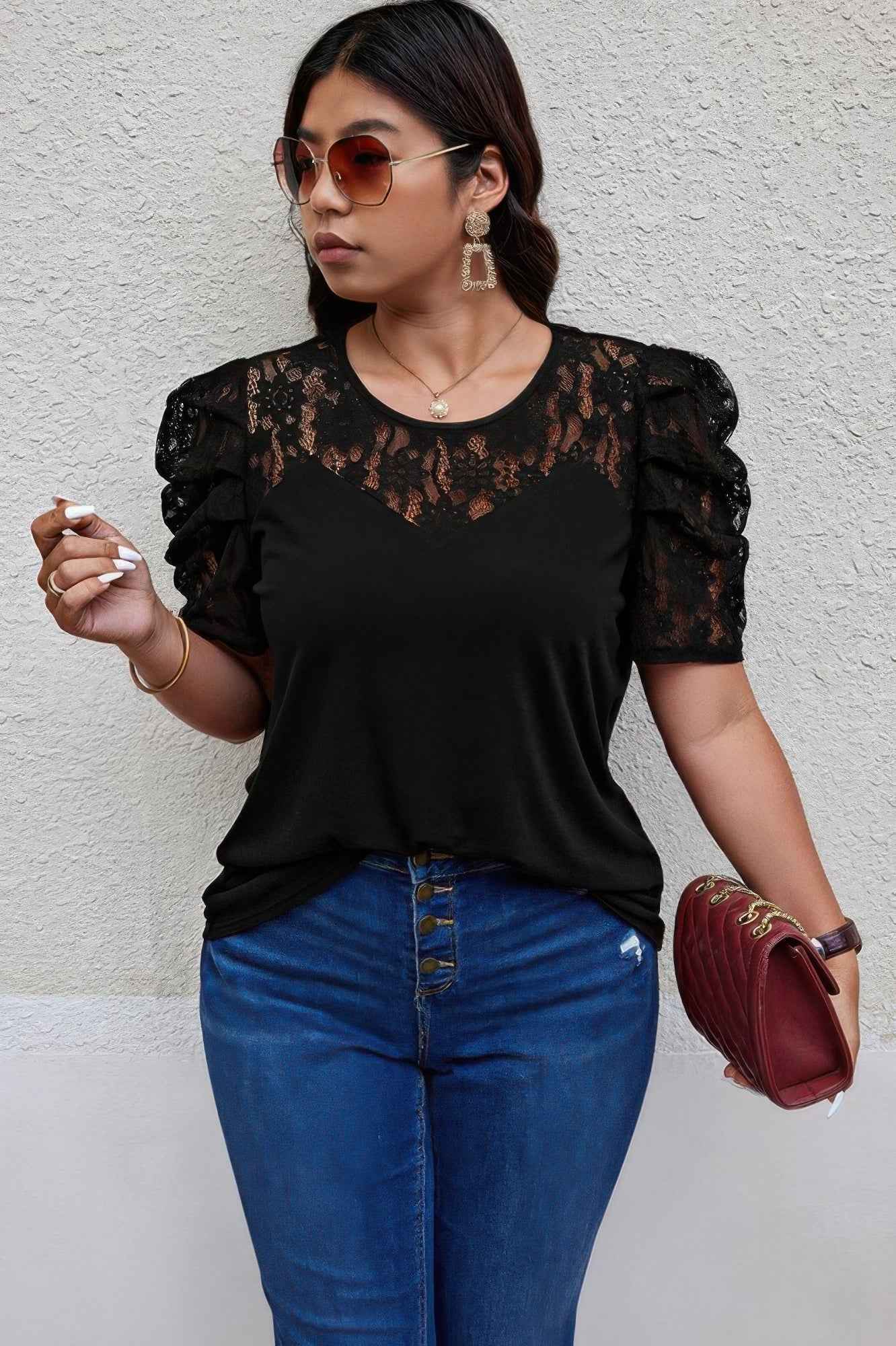 Solid Lace Ruffle Sleeve Hollow Out Elegant Shirt