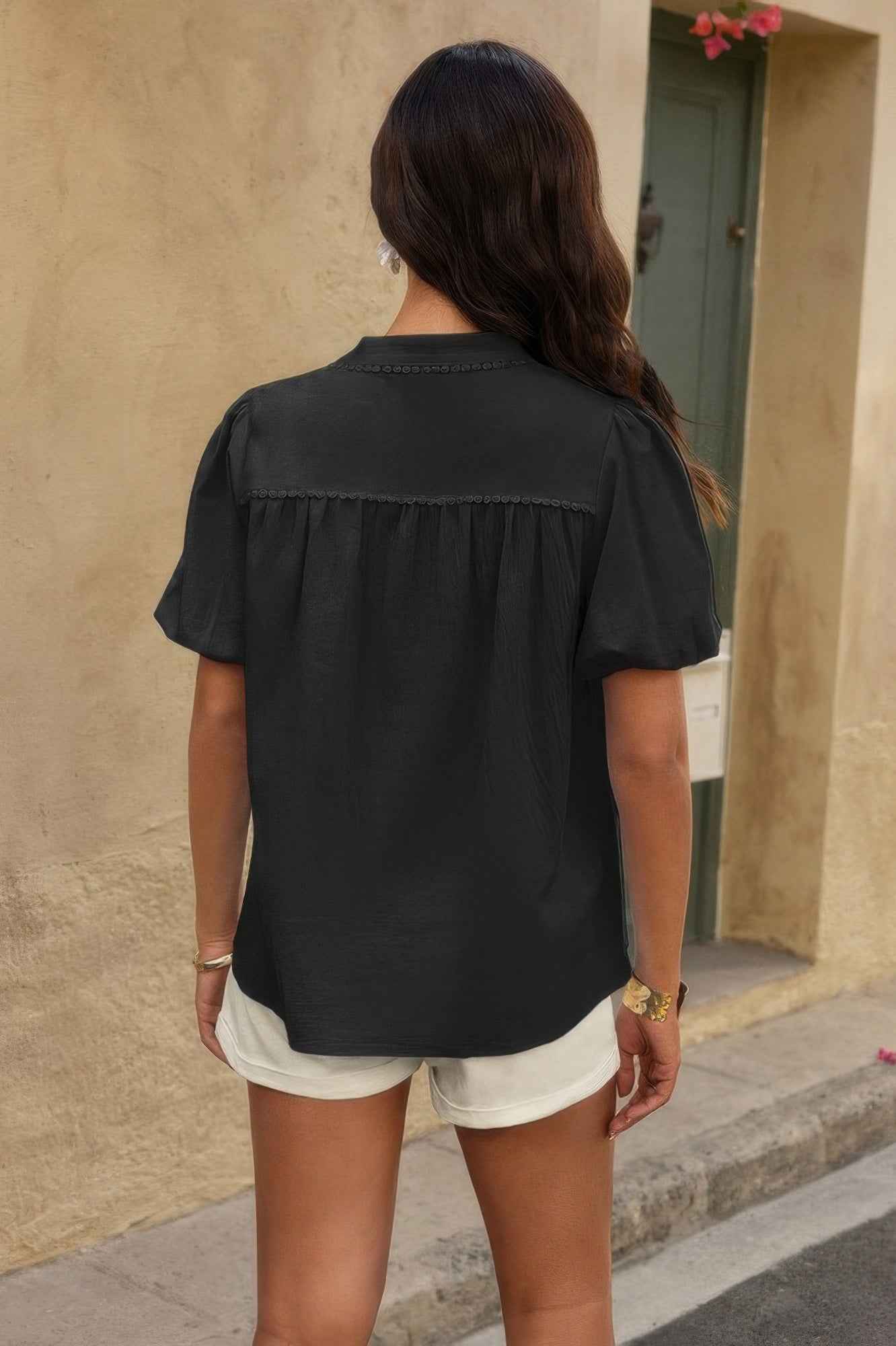Button Down Lantern Puff Short Sleeve V Neck Top