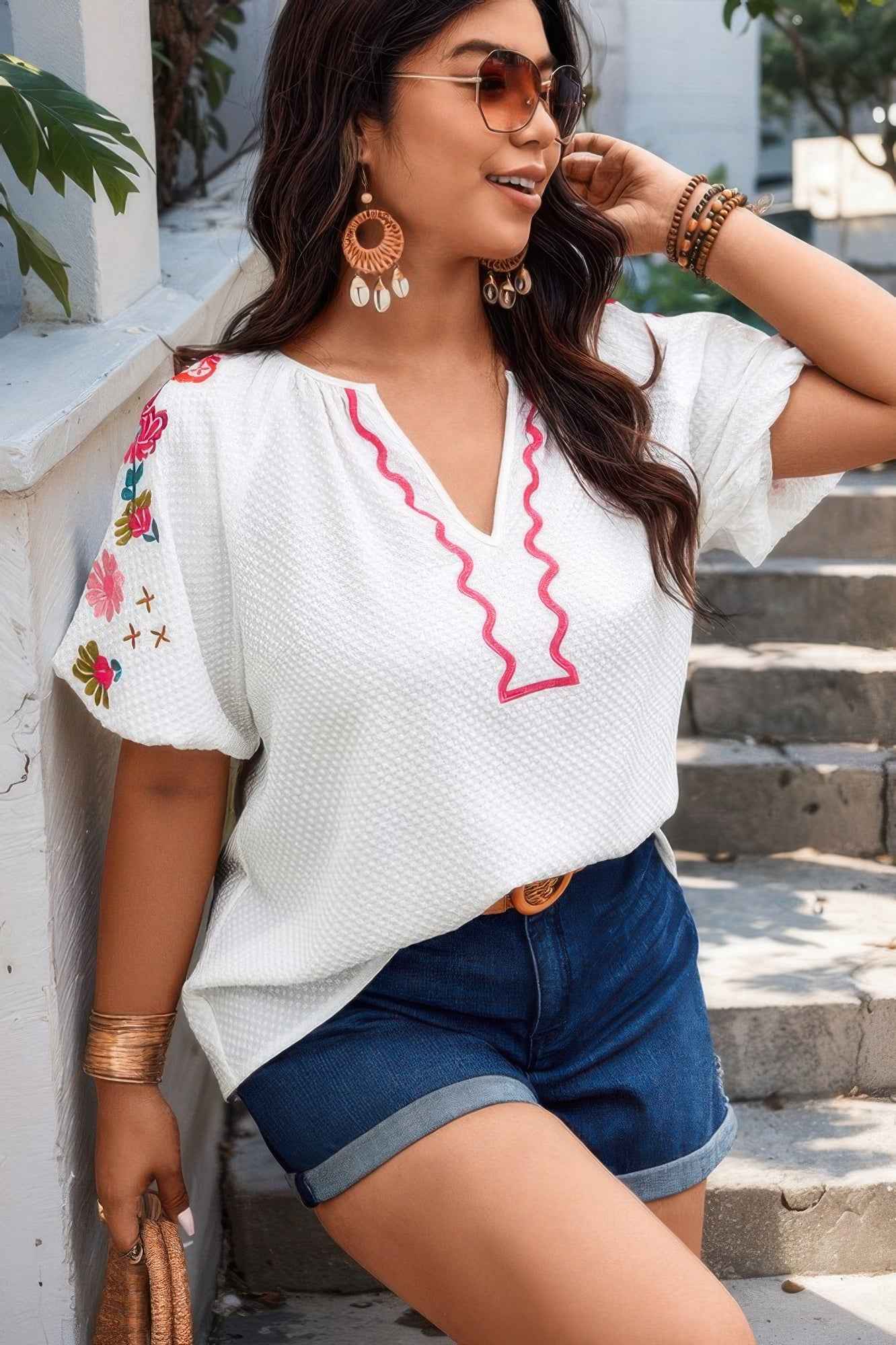 Floral V Neck Ruffle Puff Sleeve Lace Blouse