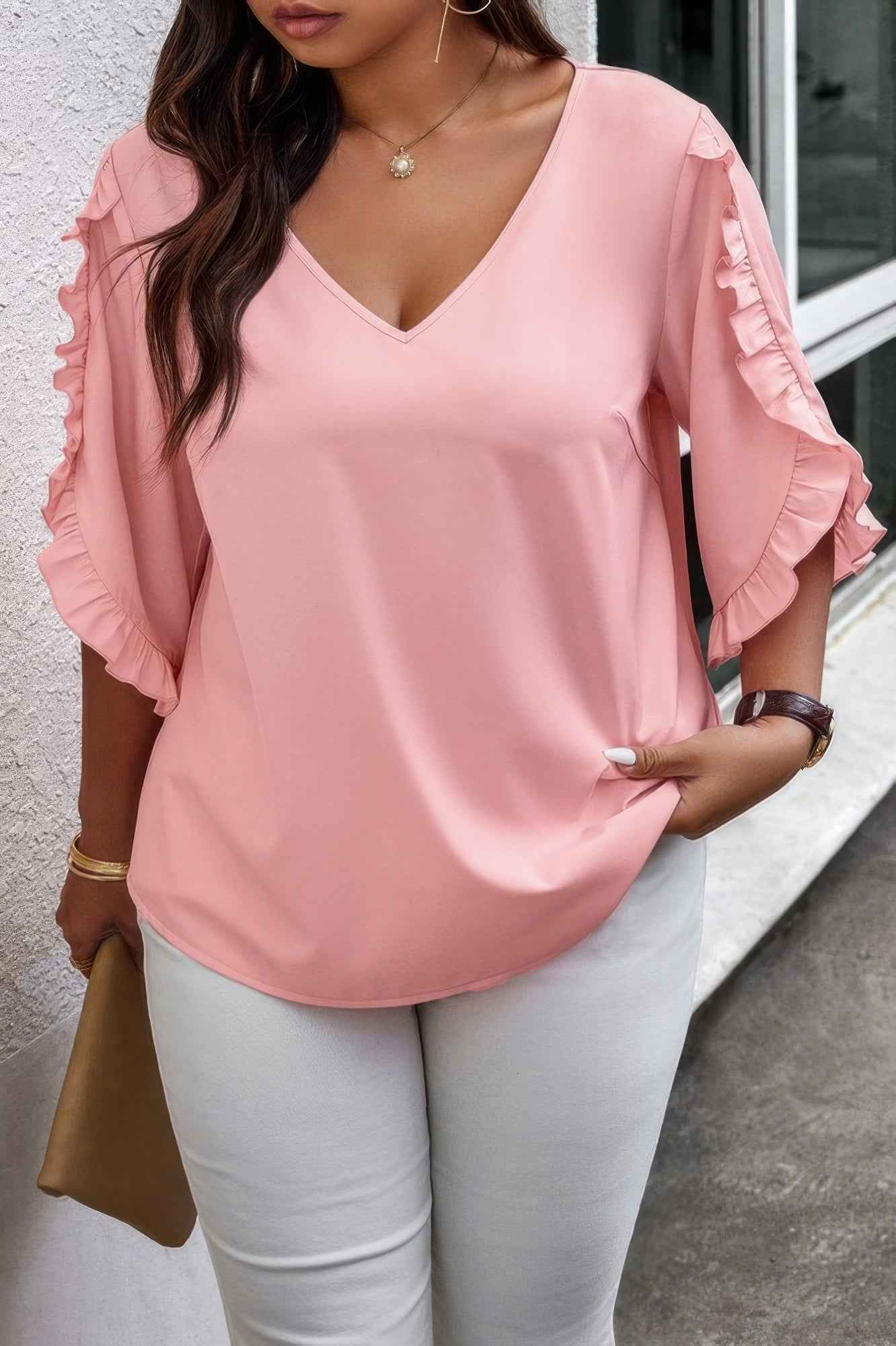 Solid Plus V Neck Ruffle Trim Petal Sleeve Blouse