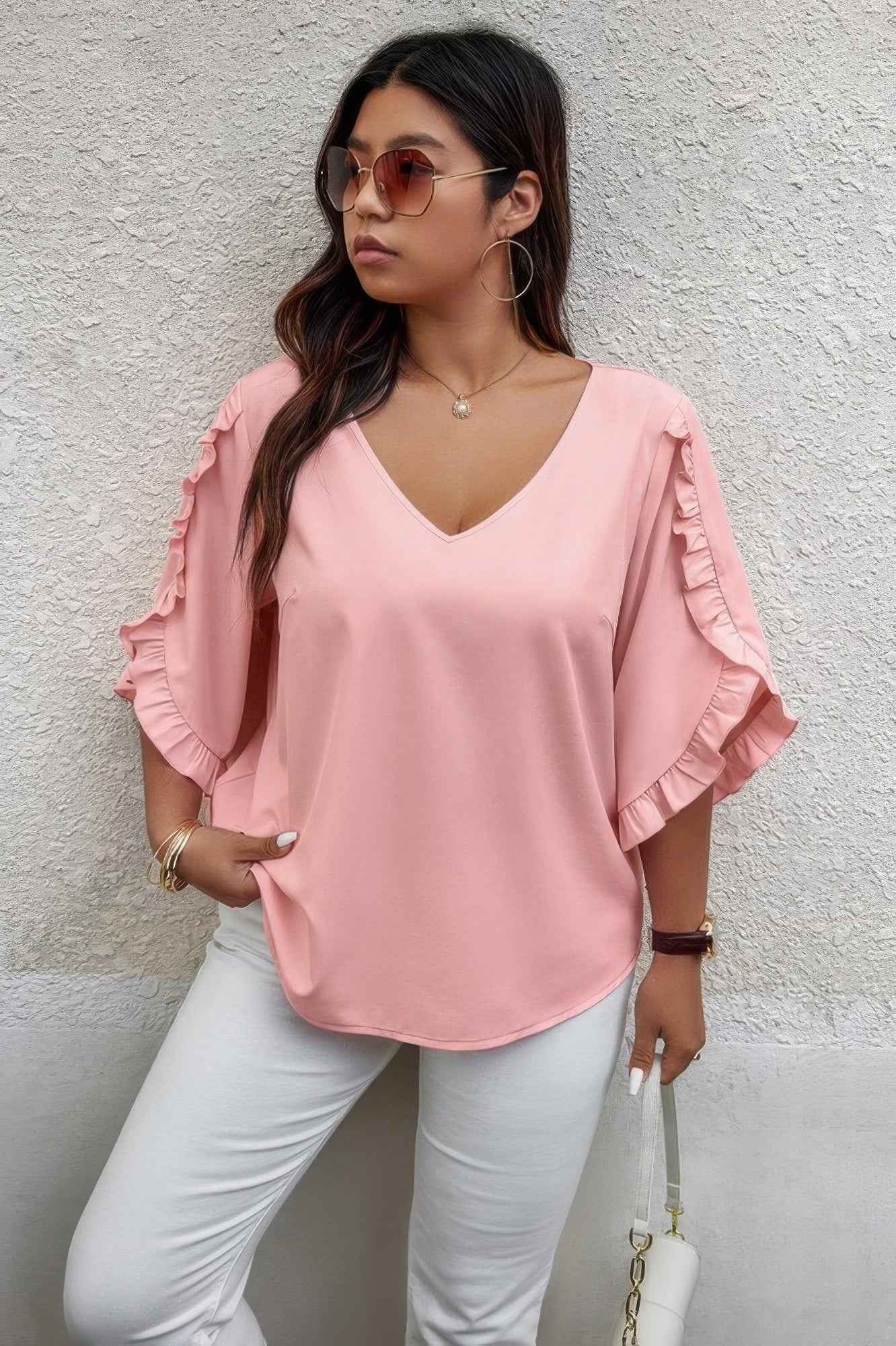 Solid Plus V Neck Ruffle Trim Petal Sleeve Blouse