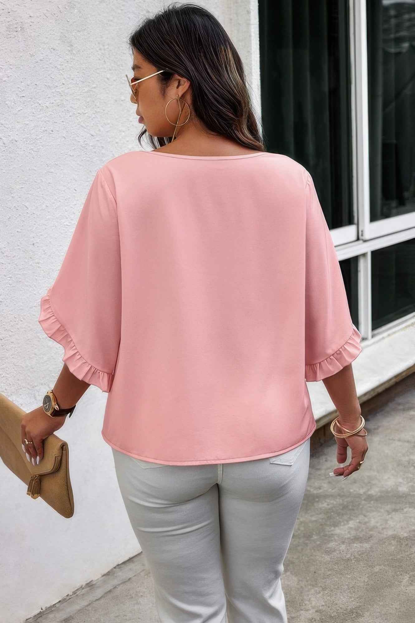 Solid Plus V Neck Ruffle Trim Petal Sleeve Blouse