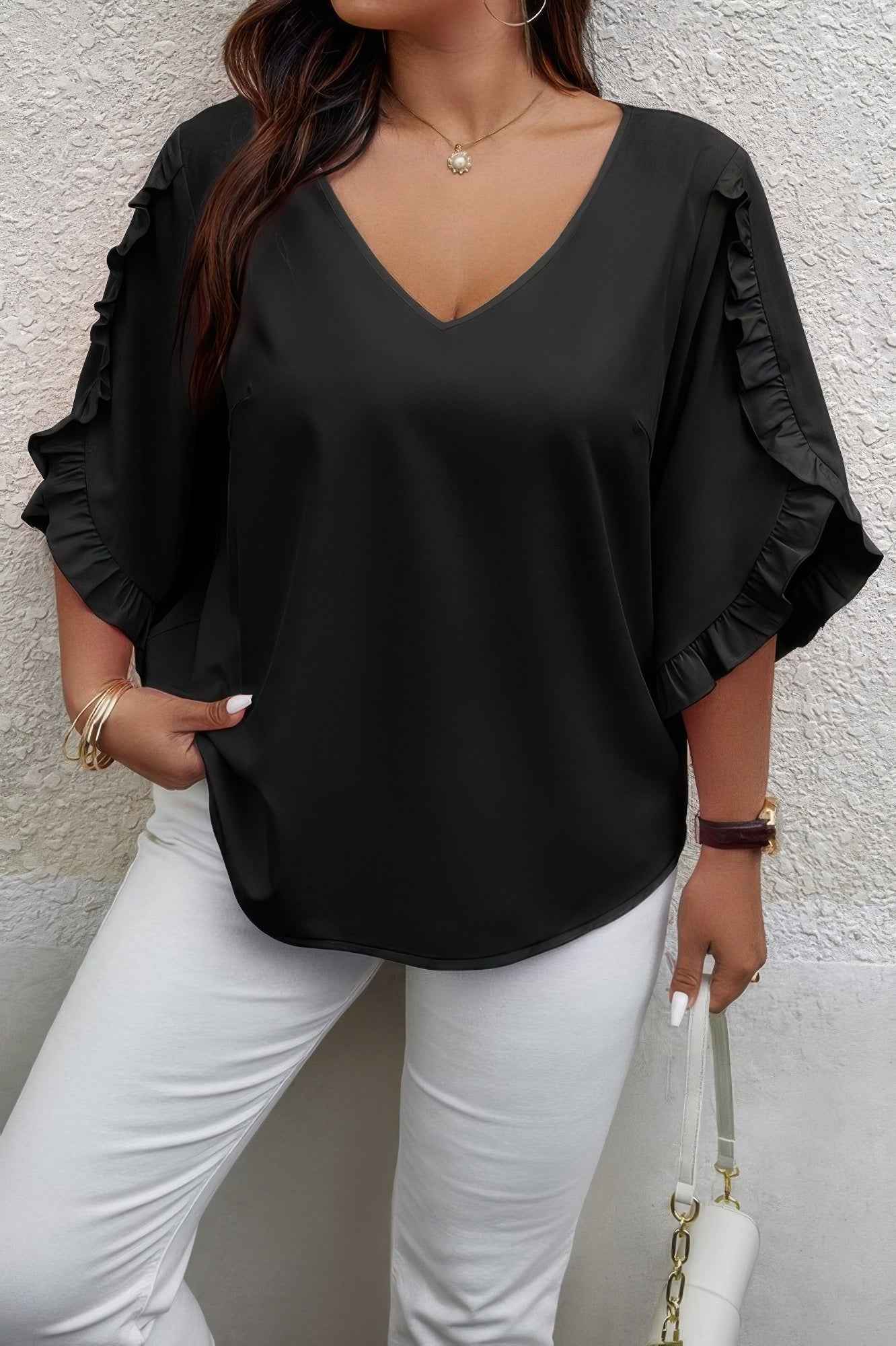 Solid Plus V Neck Ruffle Trim Petal Sleeve Blouse
