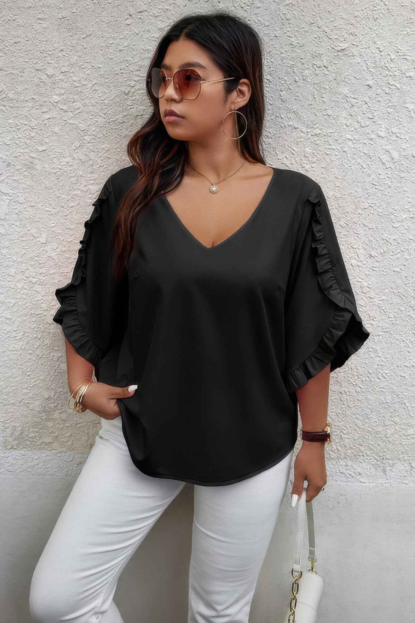 Solid Plus V Neck Ruffle Trim Petal Sleeve Blouse