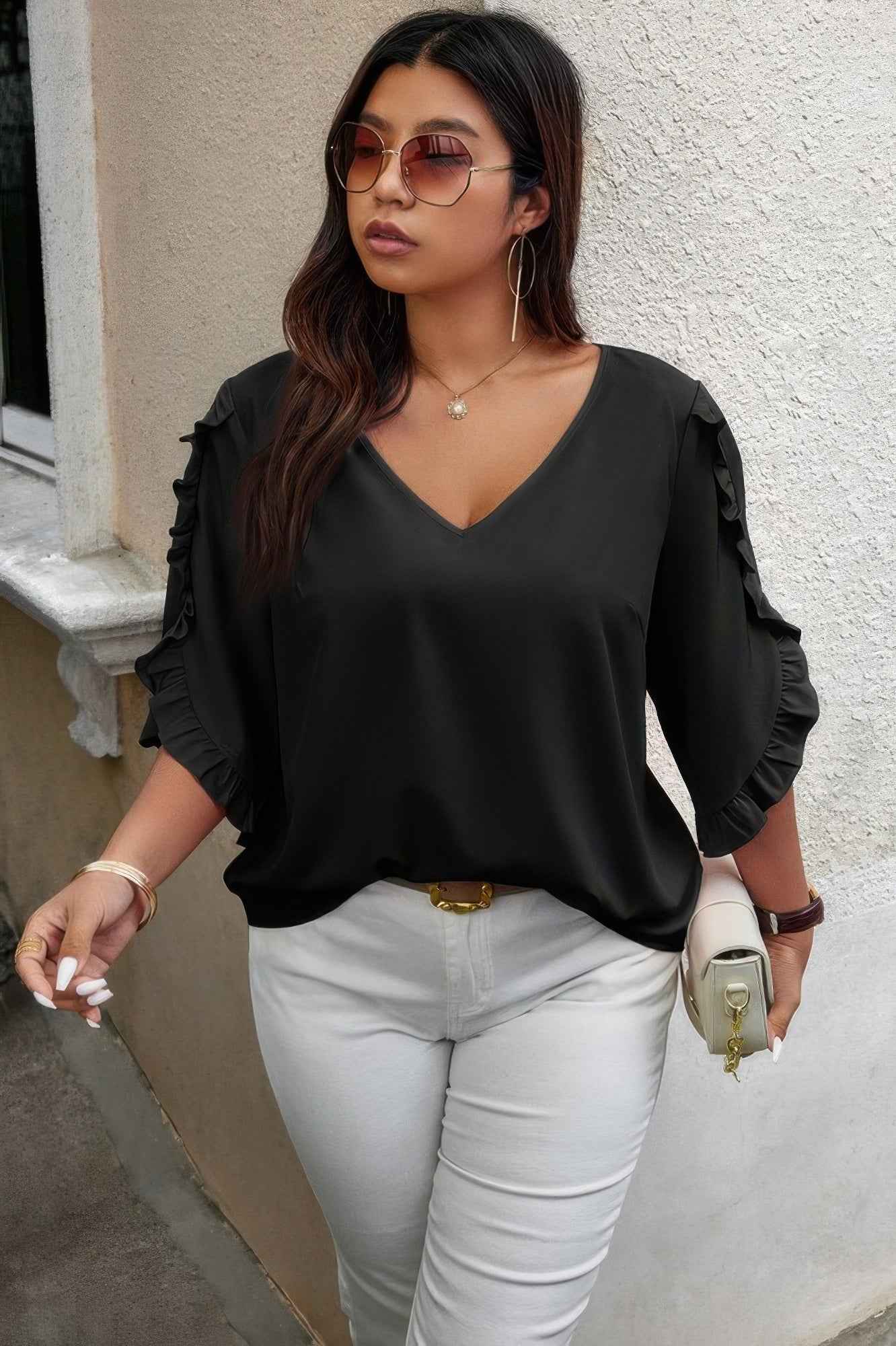 Solid Plus V Neck Ruffle Trim Petal Sleeve Blouse