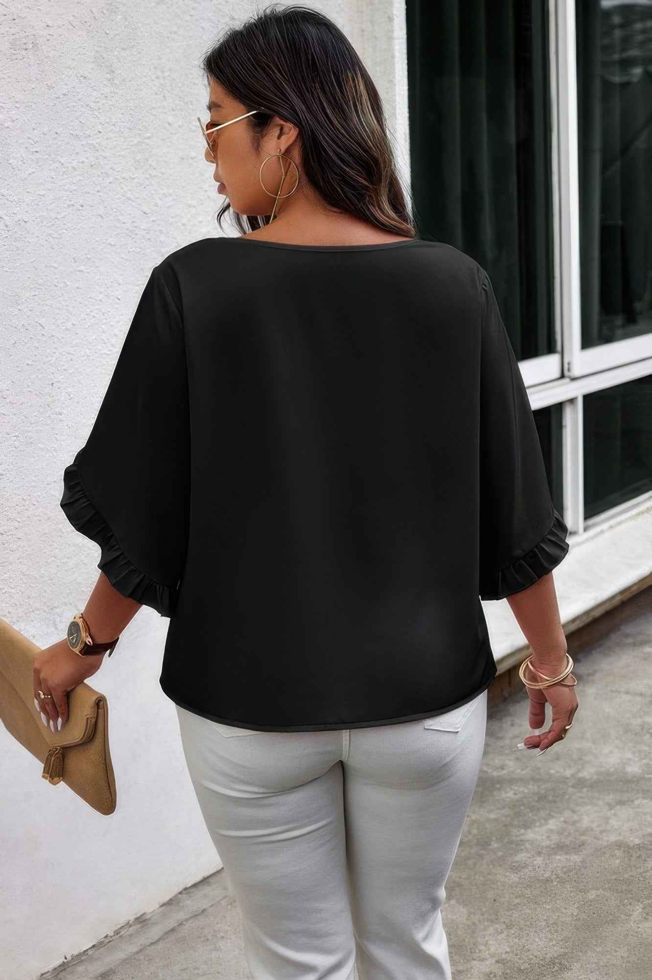 Solid Plus V Neck Ruffle Trim Petal Sleeve Blouse