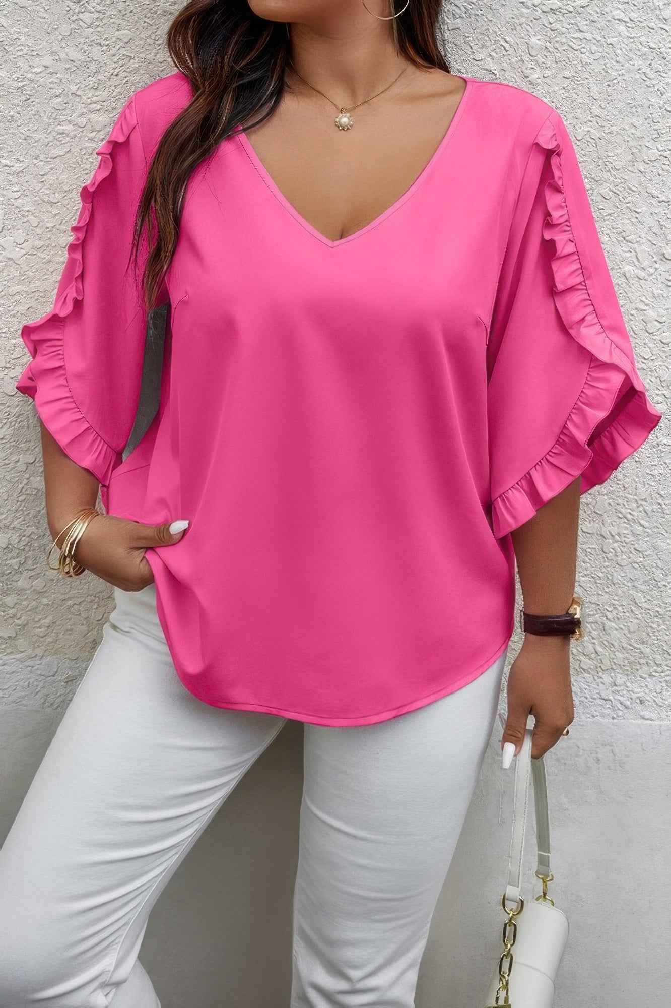 Solid Plus V Neck Ruffle Trim Petal Sleeve Blouse