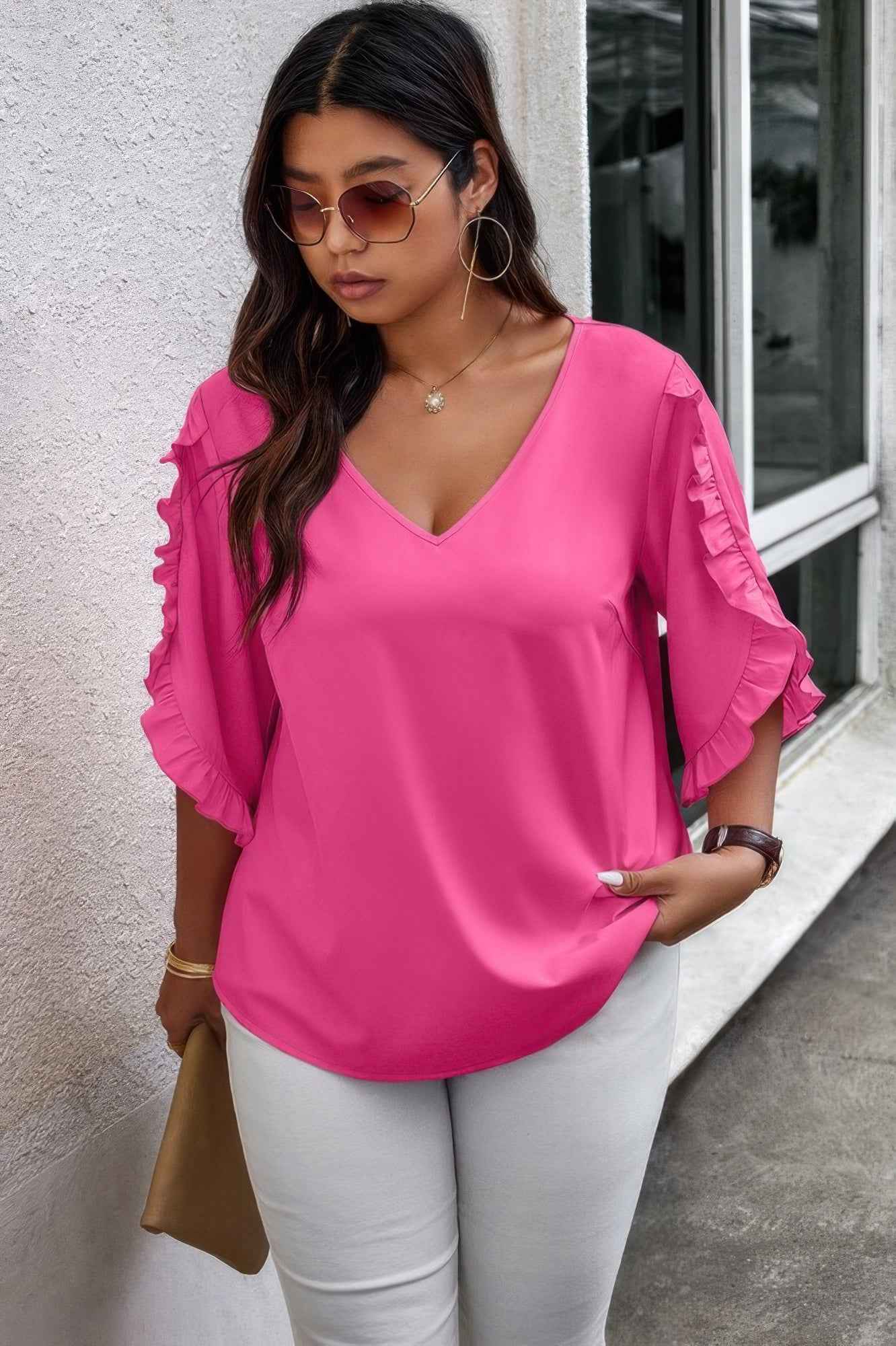 Solid Plus V Neck Ruffle Trim Petal Sleeve Blouse