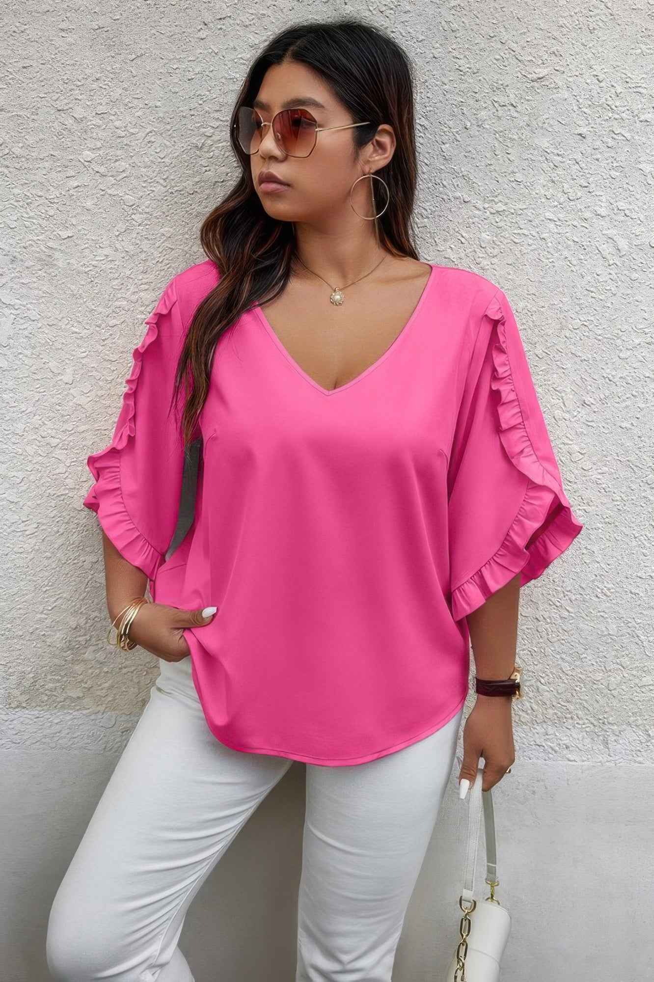 Solid Plus V Neck Ruffle Trim Petal Sleeve Blouse