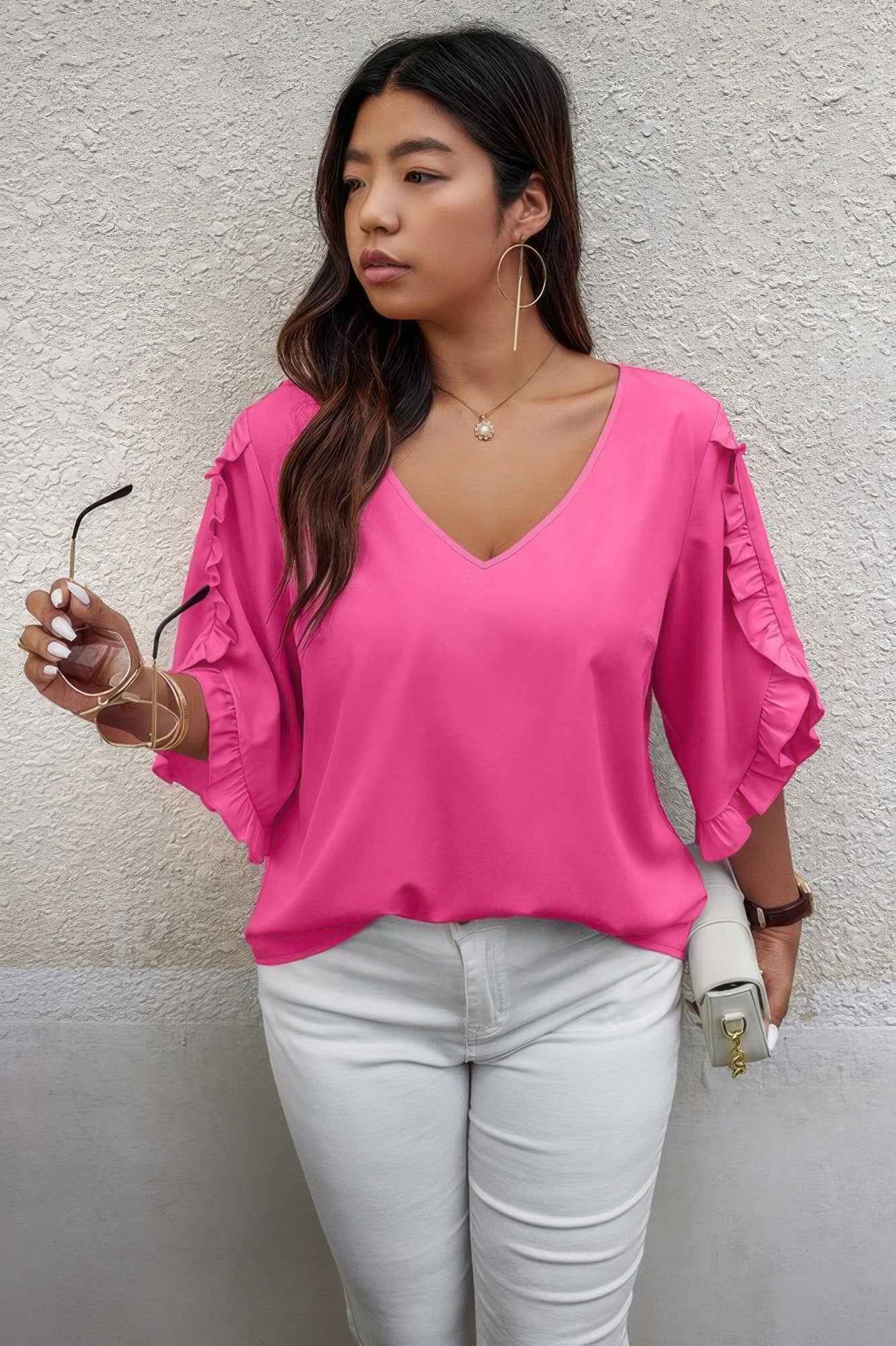 Solid Plus V Neck Ruffle Trim Petal Sleeve Blouse
