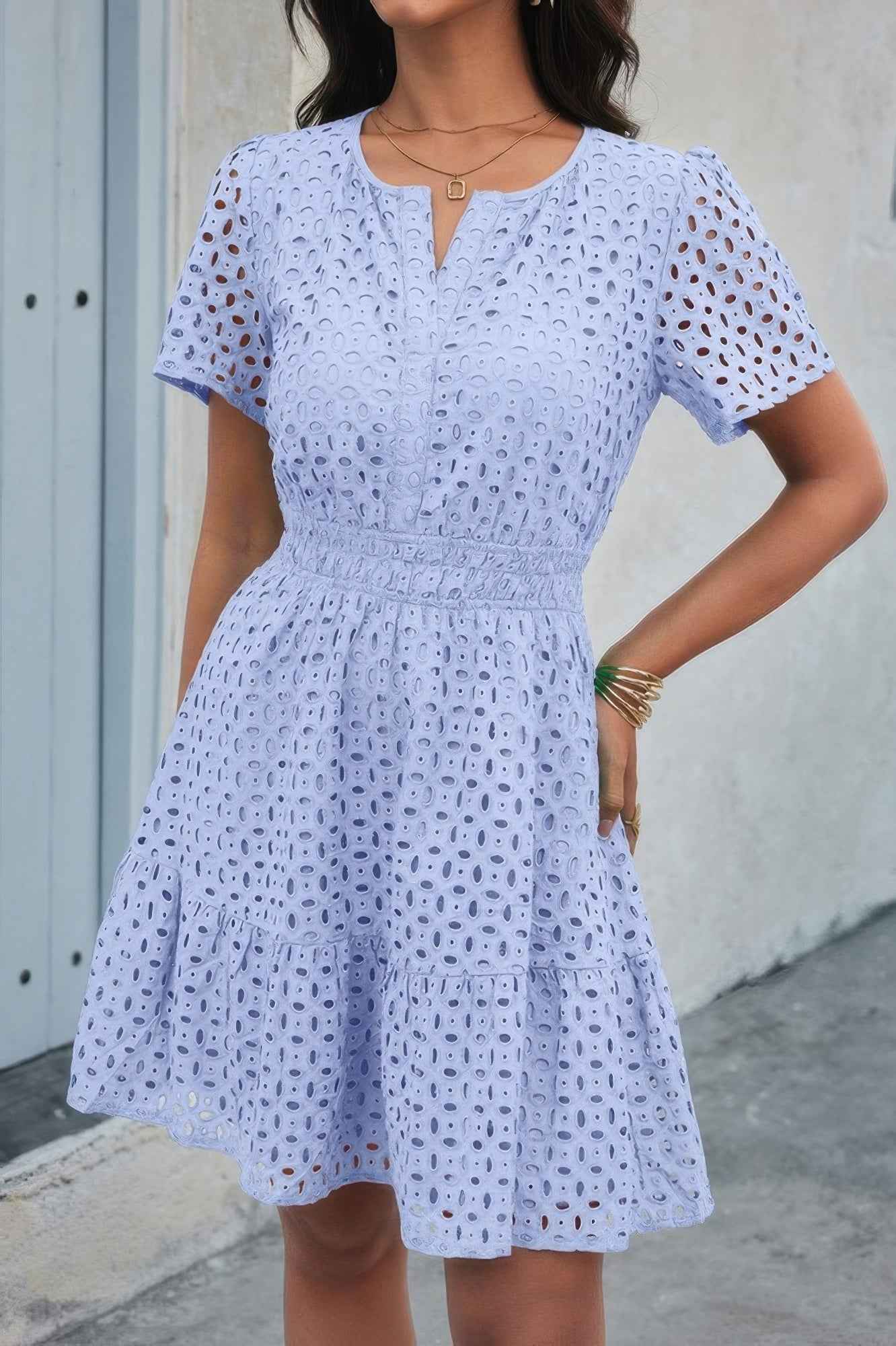 V Neck Lace Solid Lace Ruffle Hollow A Line Dress