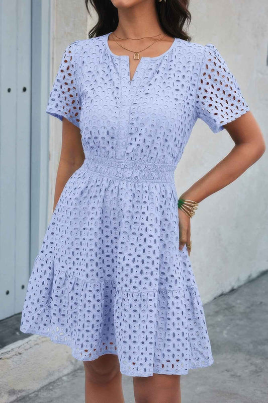 V Neck Lace Solid Lace Ruffle Hollow A Line Dress