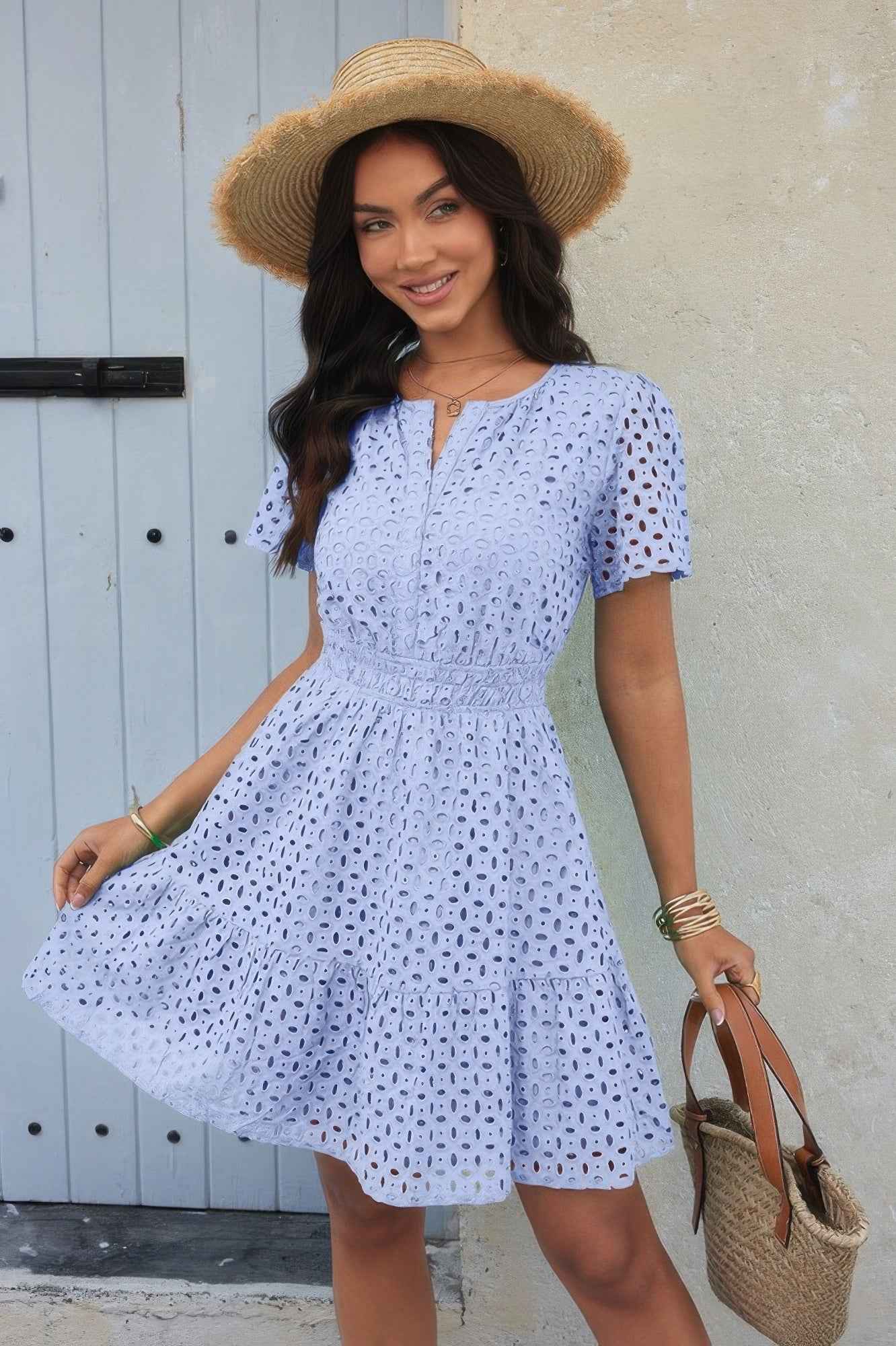 V Neck Lace Solid Lace Ruffle Hollow A Line Dress