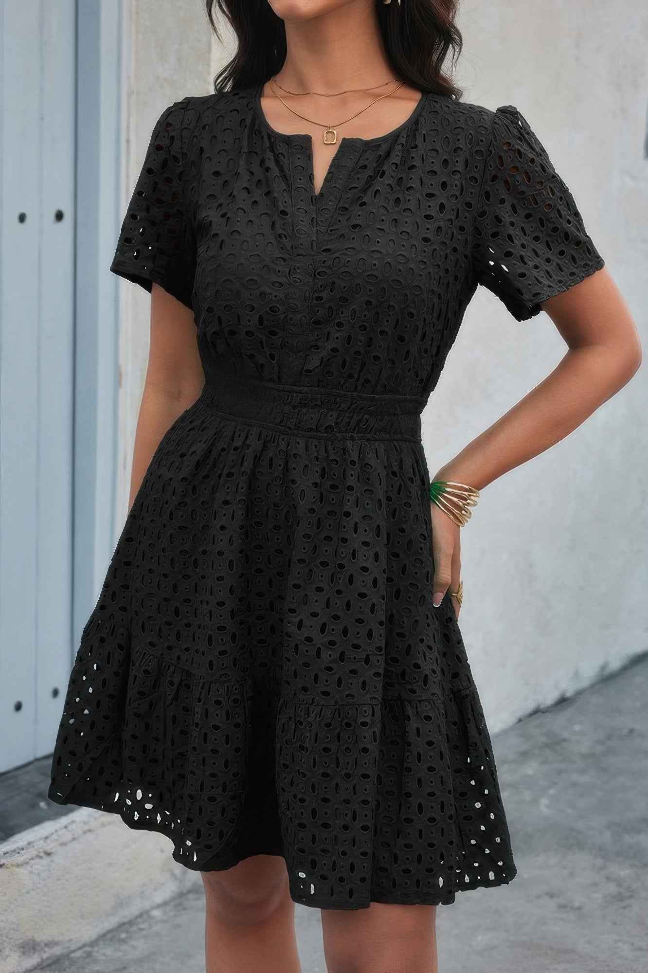 V Neck Lace Solid Lace Ruffle Hollow A Line Dress