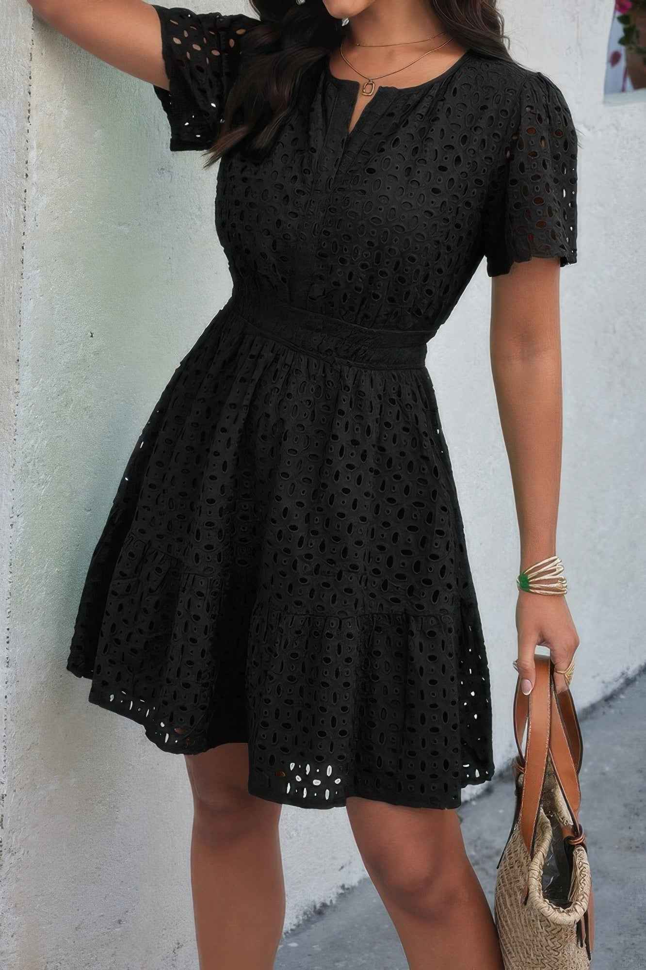 V Neck Lace Solid Lace Ruffle Hollow A Line Dress