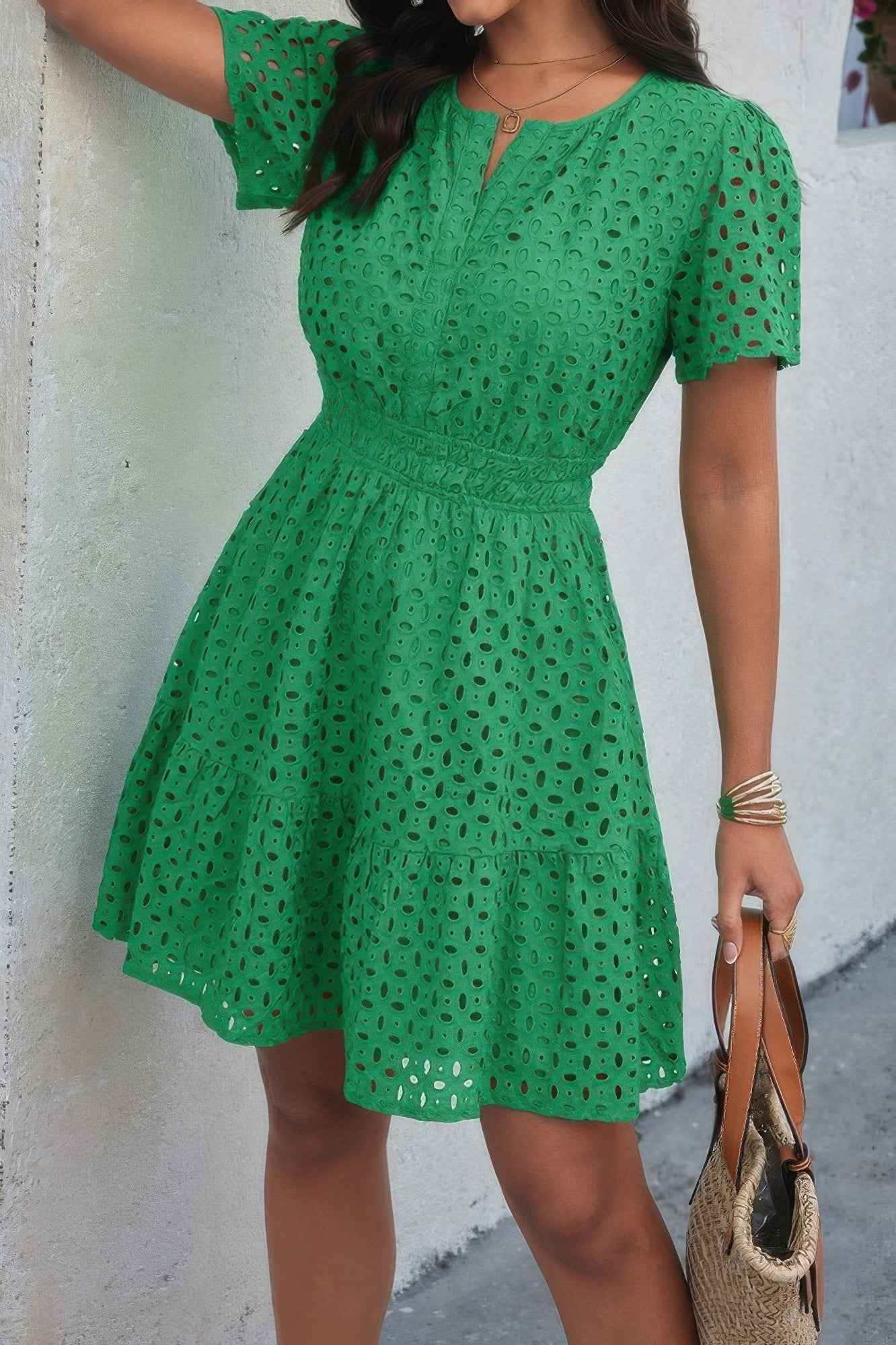 V Neck Lace Solid Lace Ruffle Hollow A Line Dress