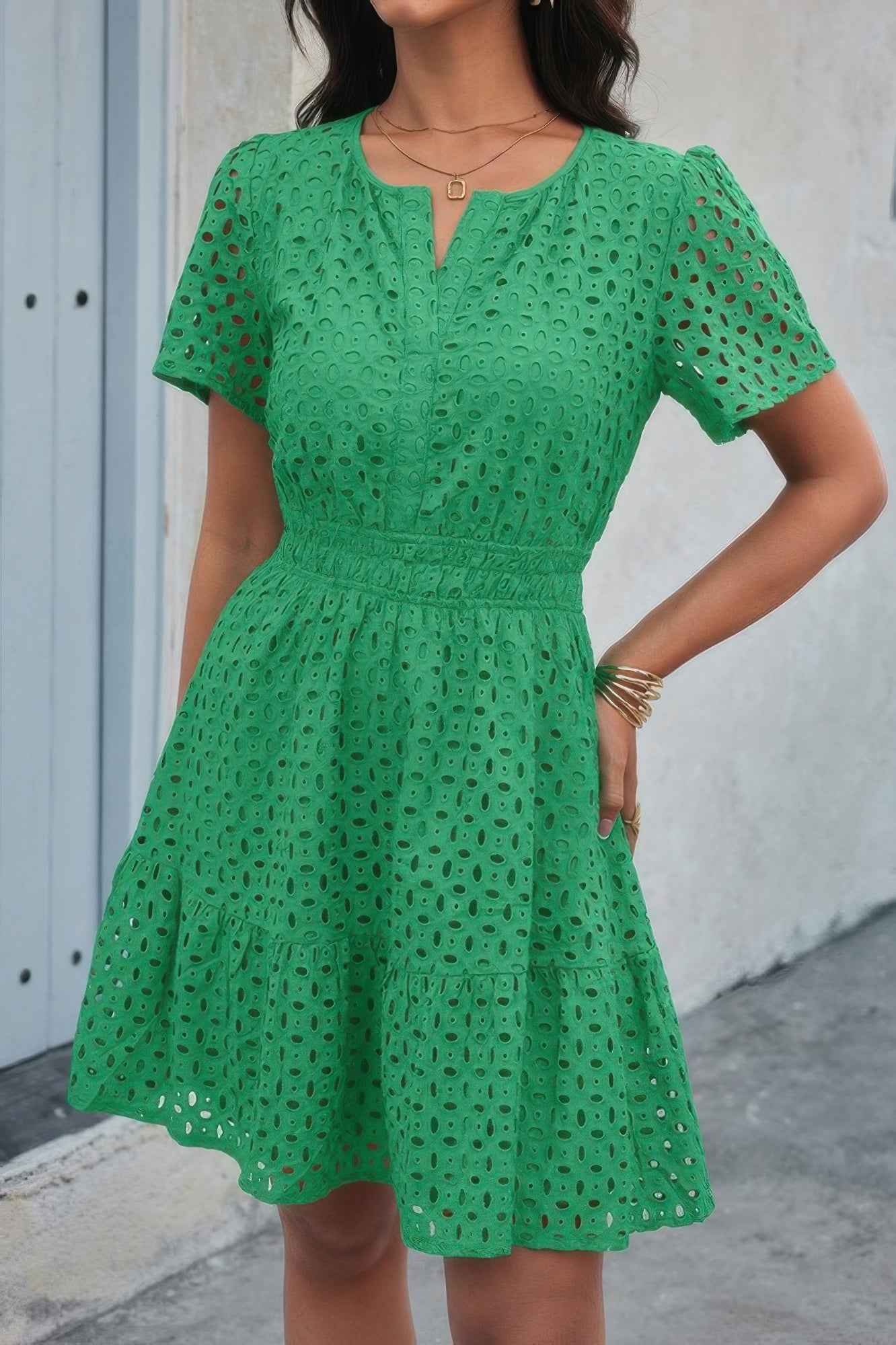 V Neck Lace Solid Lace Ruffle Hollow A Line Dress