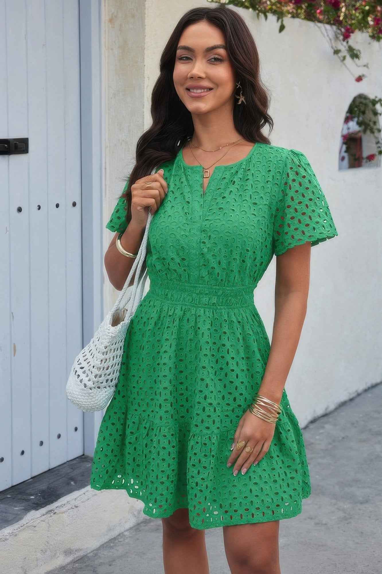 V Neck Lace Solid Lace Ruffle Hollow A Line Dress