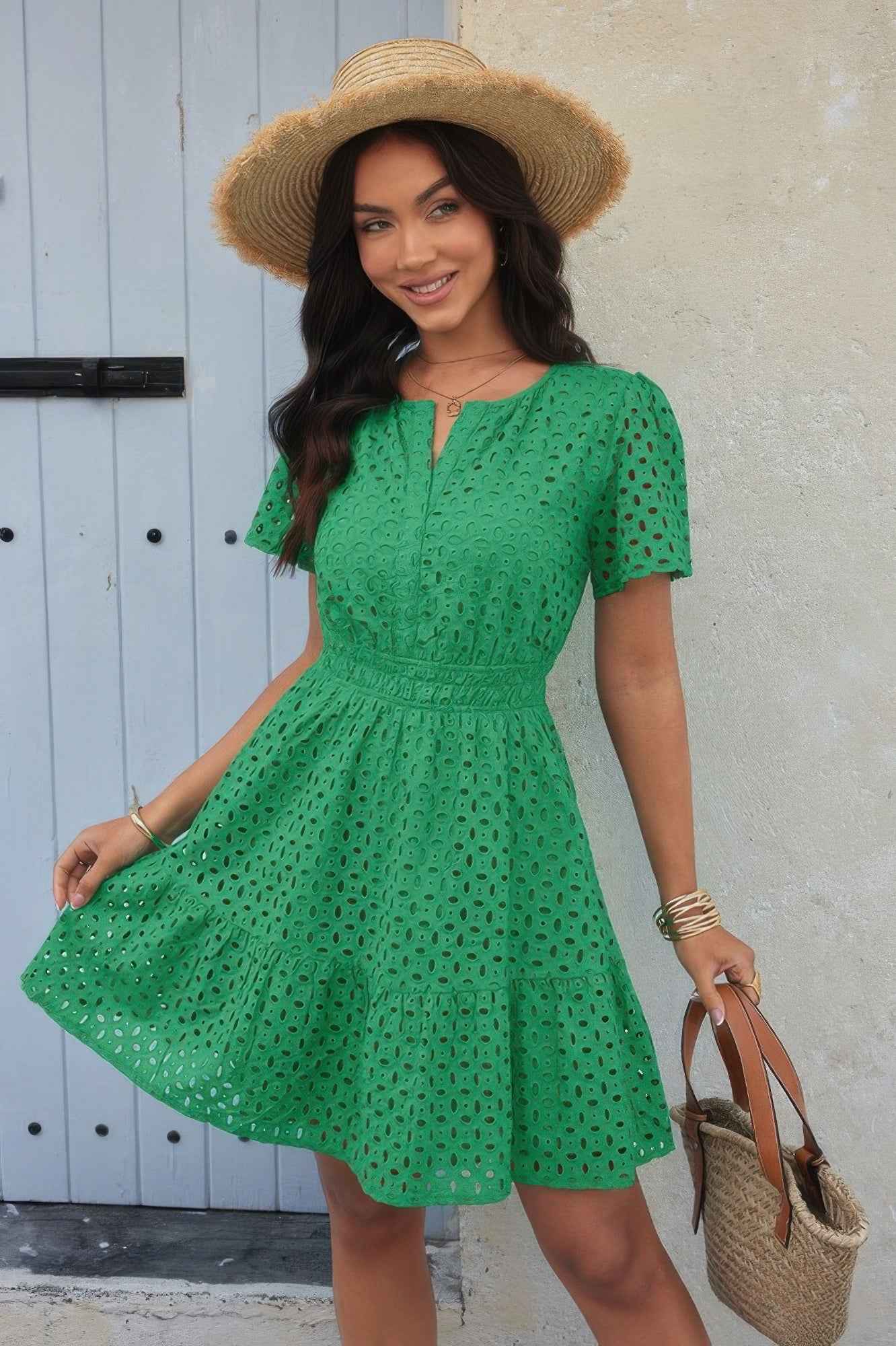 V Neck Lace Solid Lace Ruffle Hollow A Line Dress