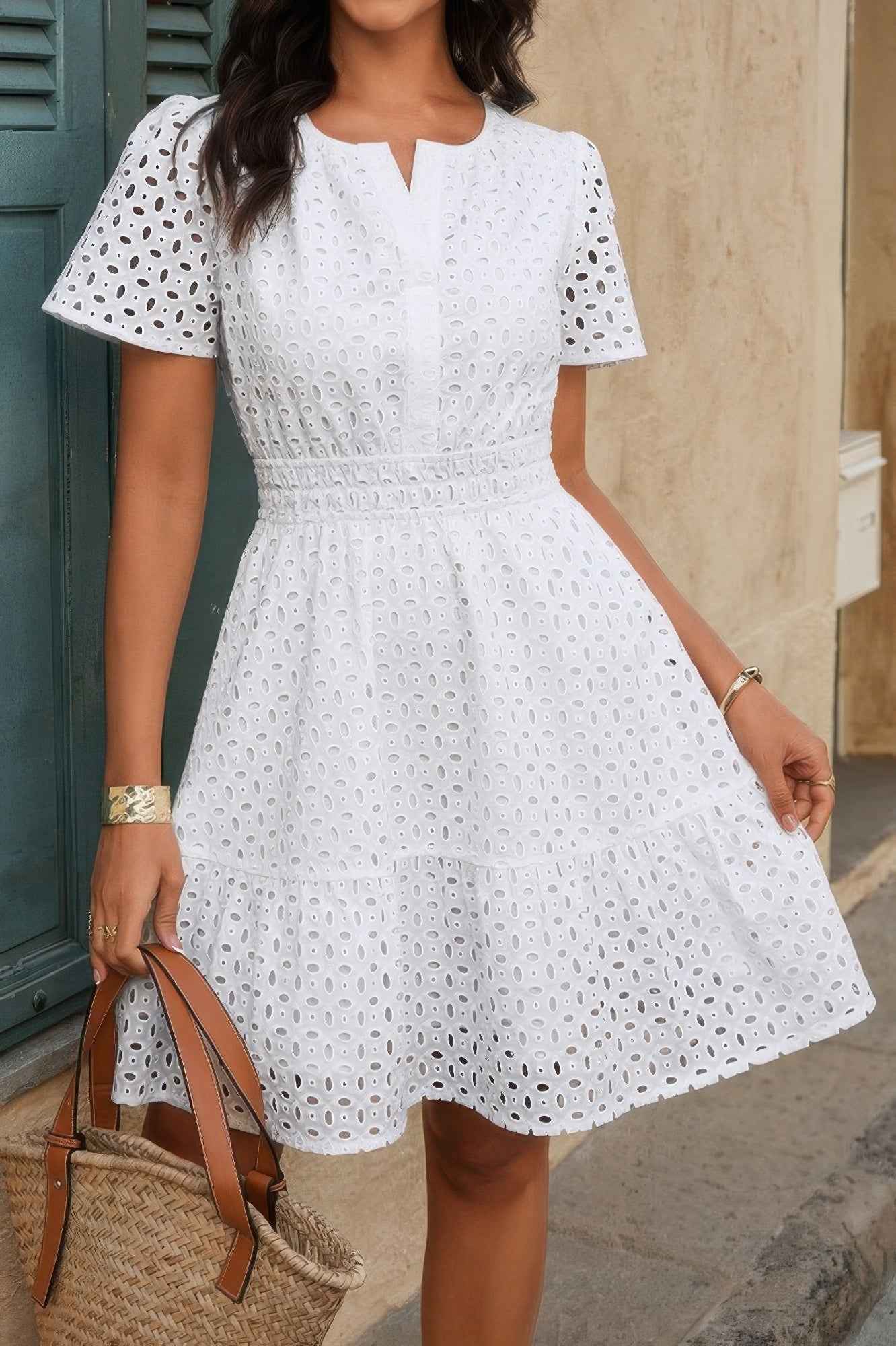 V Neck Lace Solid Lace Ruffle Hollow A Line Dress