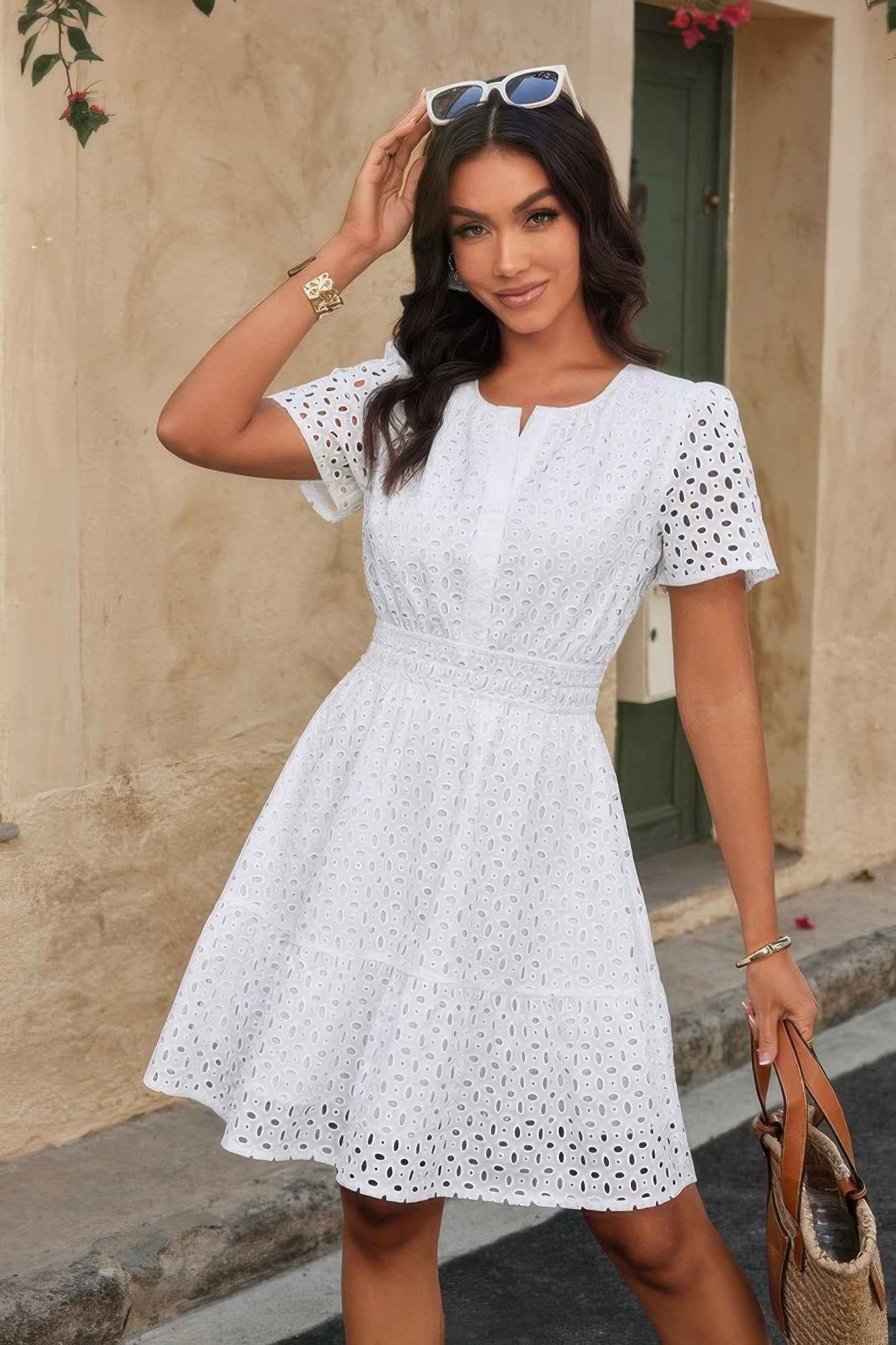 V Neck Lace Solid Lace Ruffle Hollow A Line Dress