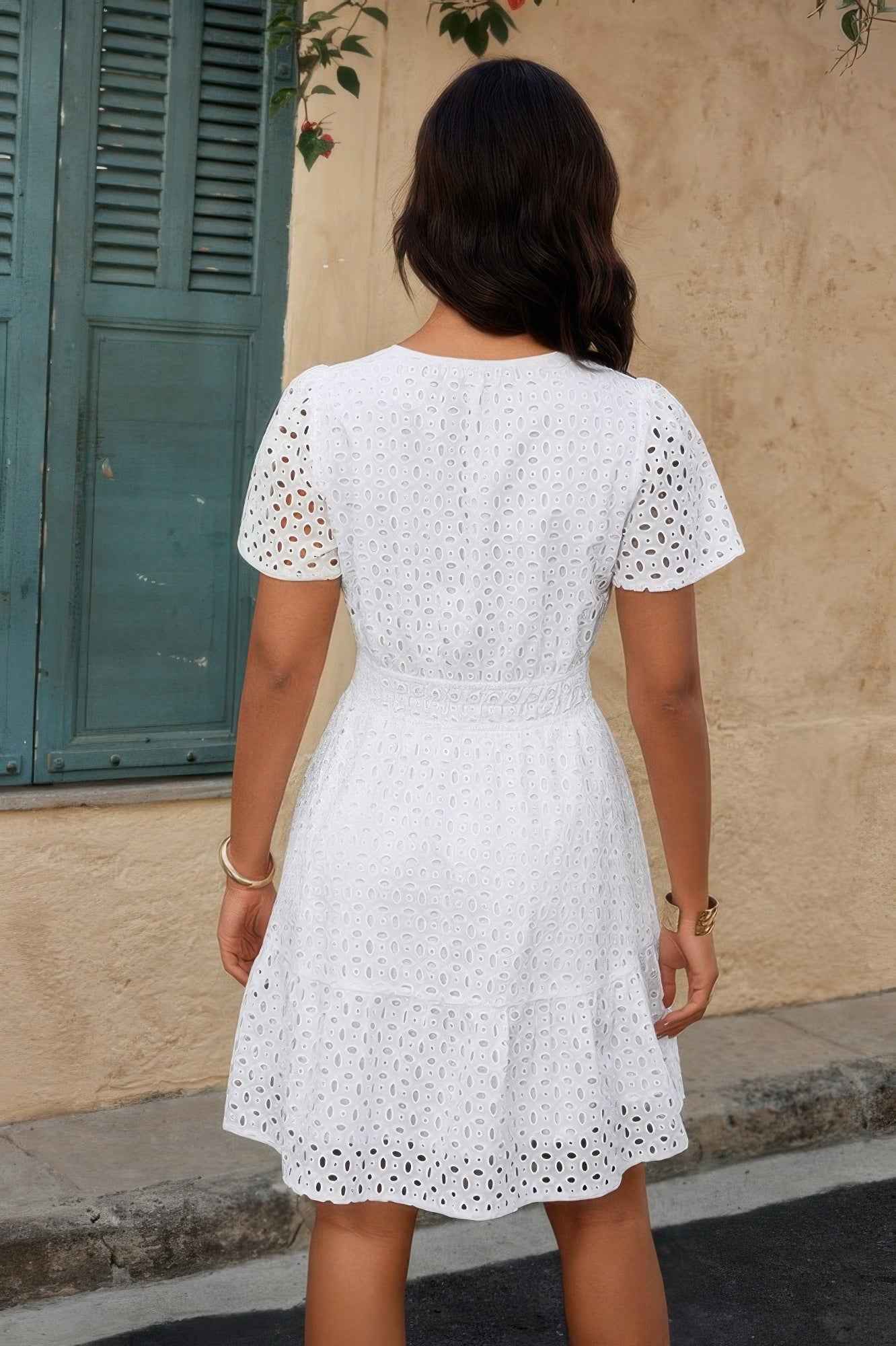 V Neck Lace Solid Lace Ruffle Hollow A Line Dress