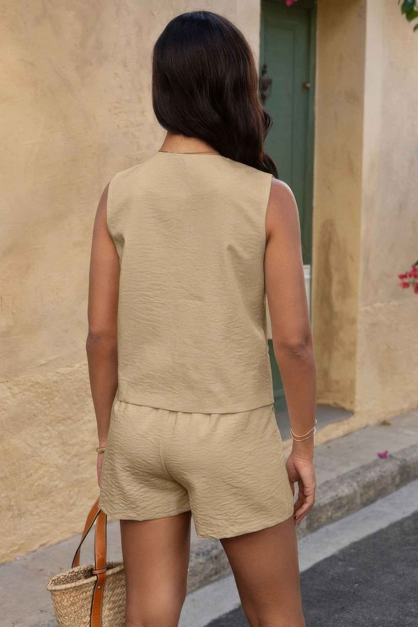 Button Down Pleated Linen High Waisted Sets