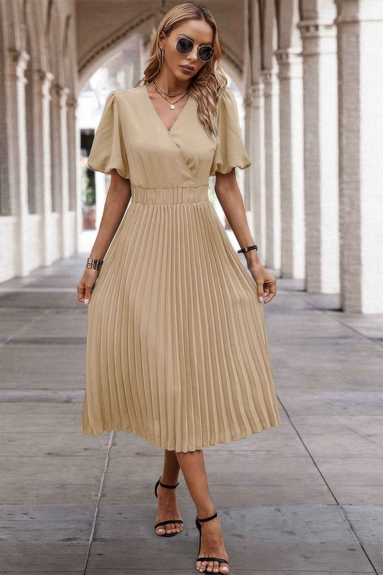 Solid Elastic Waist Band Pleated V Neck Dress