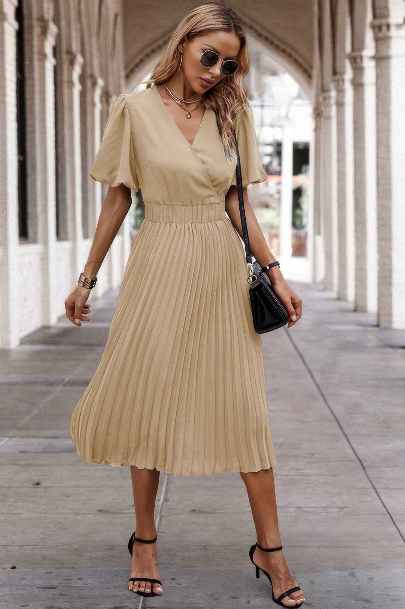 Solid Elastic Waist Band Pleated V Neck Dress