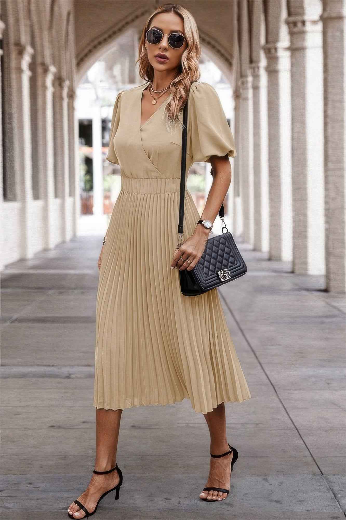 Solid Elastic Waist Band Pleated V Neck Dress