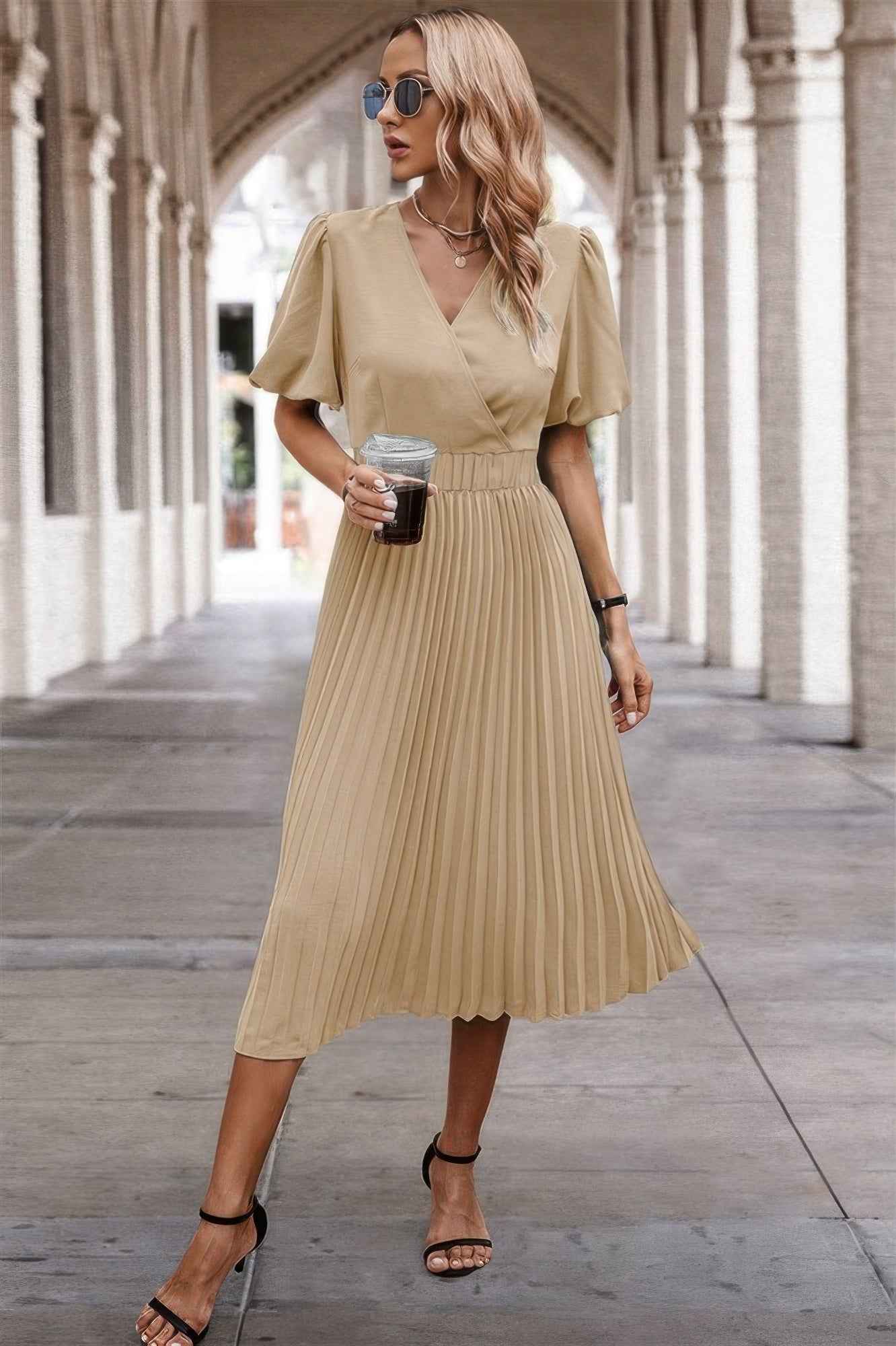 Solid Elastic Waist Band Pleated V Neck Dress