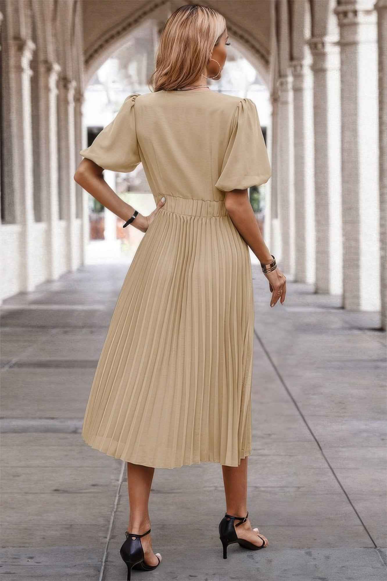 Solid Elastic Waist Band Pleated V Neck Dress