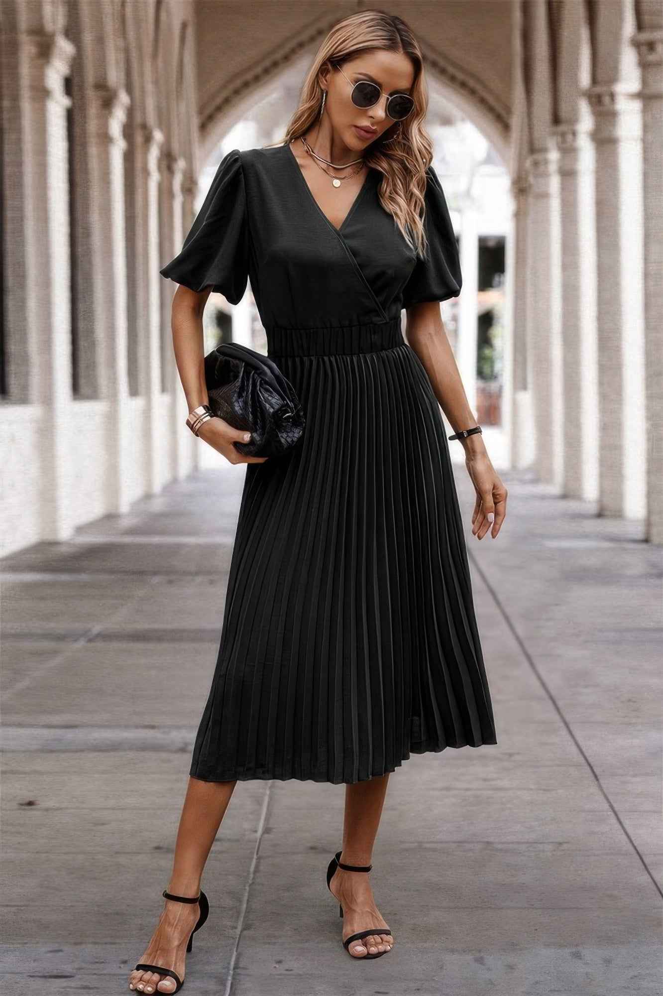 Solid Elastic Waist Band Pleated V Neck Dress
